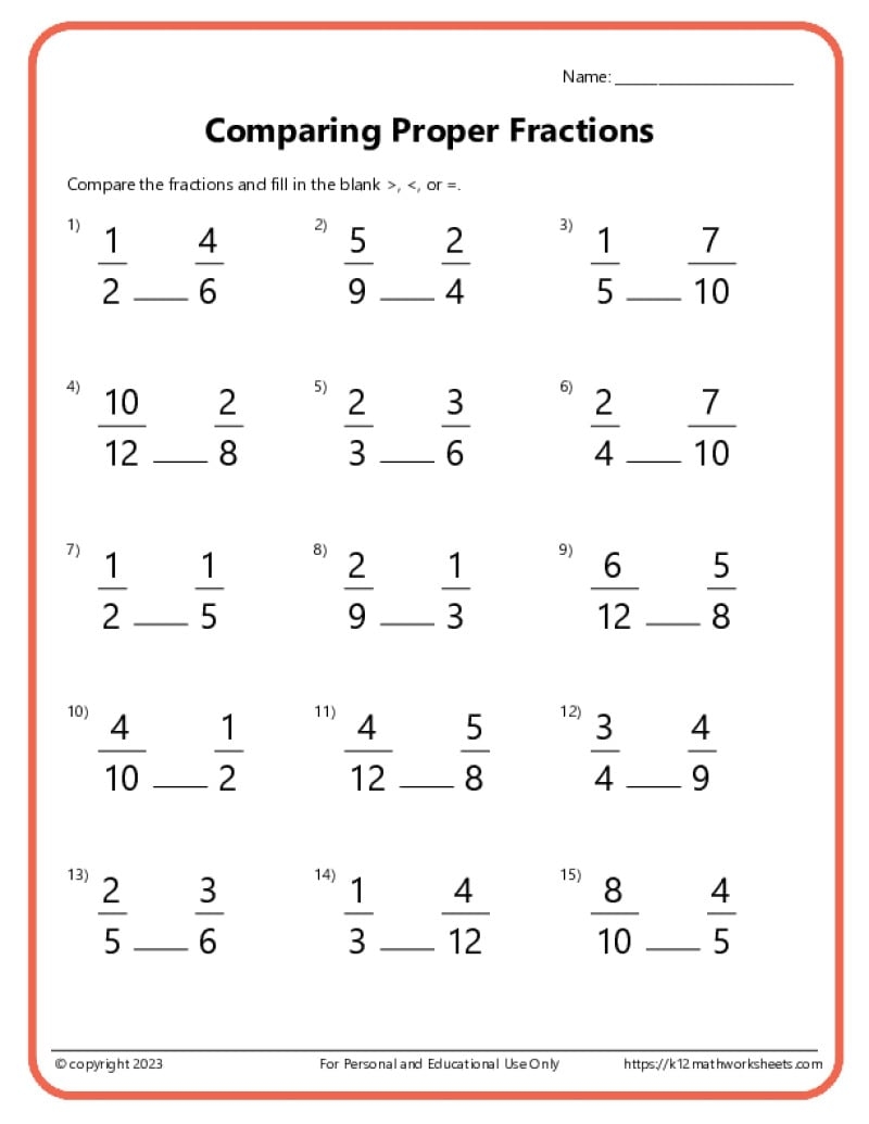 Comparing Fractions Worksheets