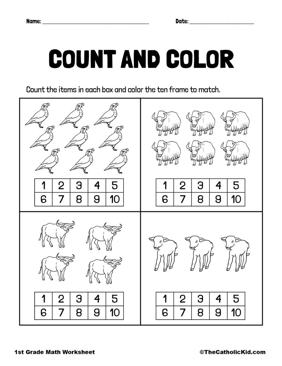 Count Color The Ten Frame 1st Grade Math Worksheet Catholic Count Color The Ten Frame 1st Grade Math Worksheet Catholic