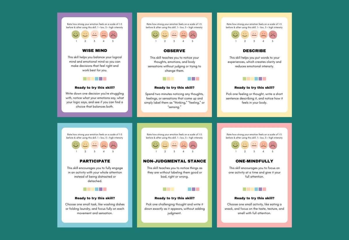 DBT Mindfulness Skill Cards Printable PDF Templates TherapyByPro