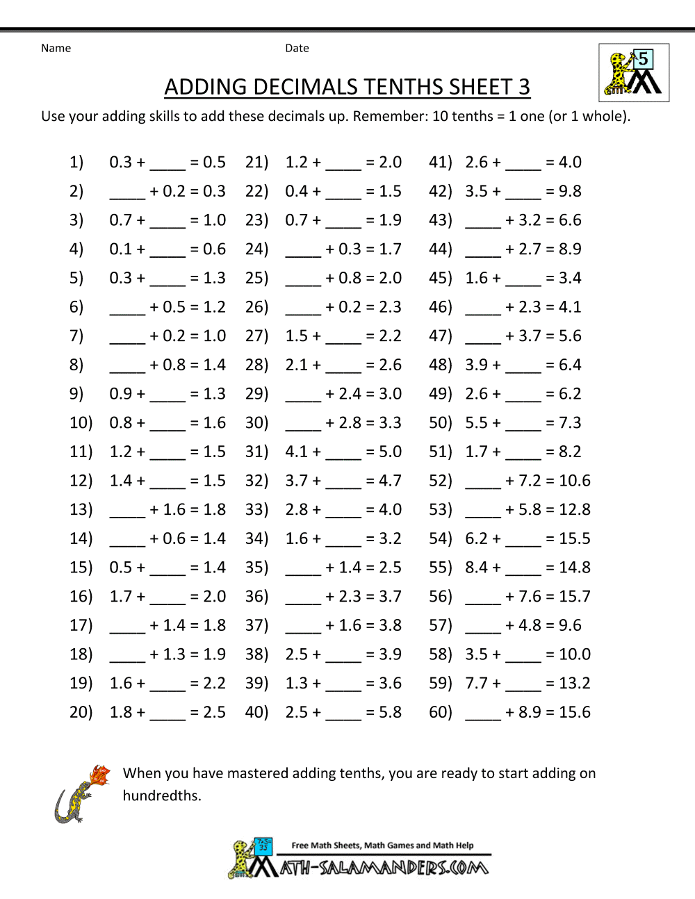 Decimal Addition Worksheets 5th Grade Subtracting Decimals Worksheet