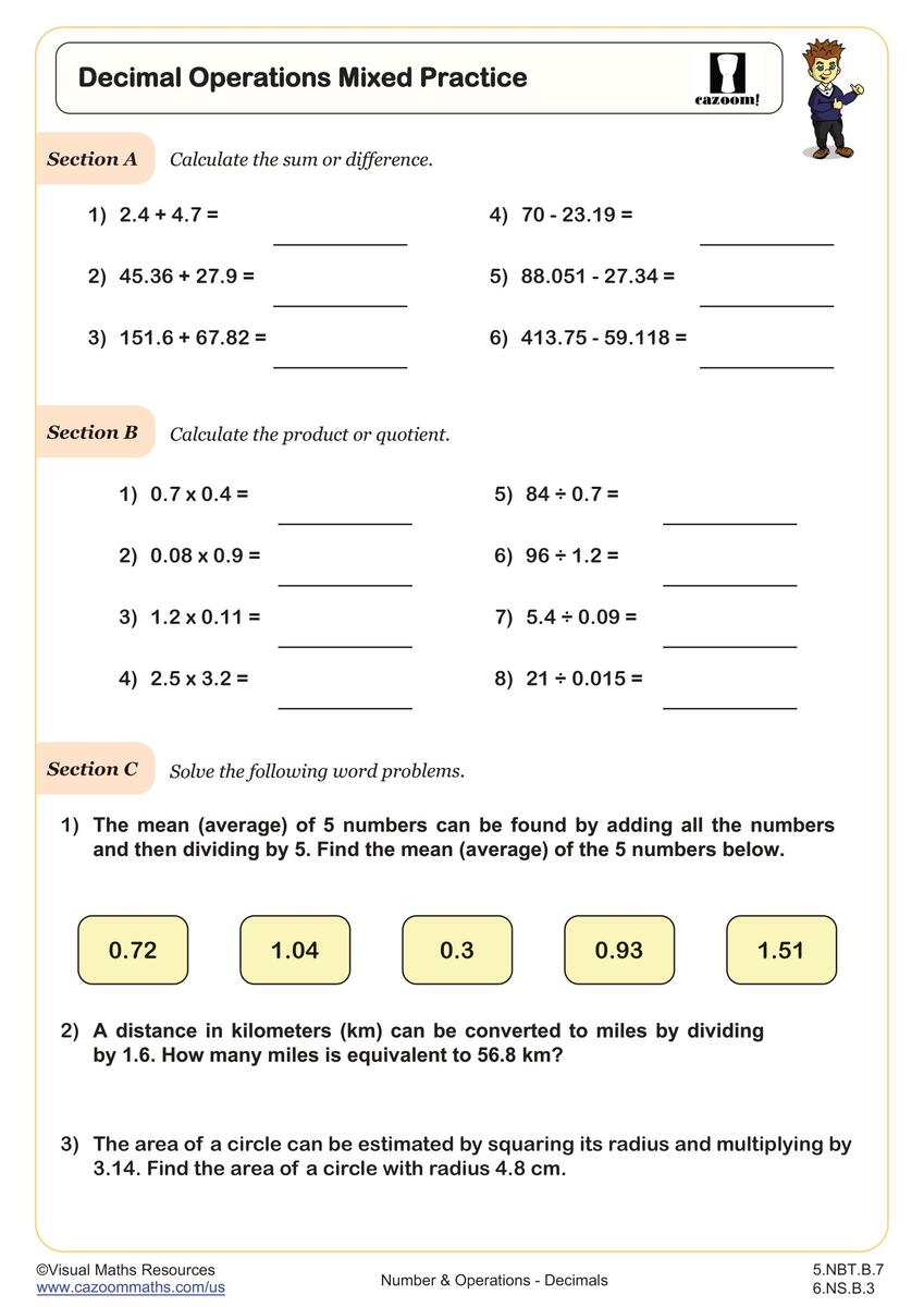 Decimal Operations Mixed Practice Worksheet PDF Printable Number Operations Worksheet Cazoom Math Sixth Grade Adding Decimals Worksheet