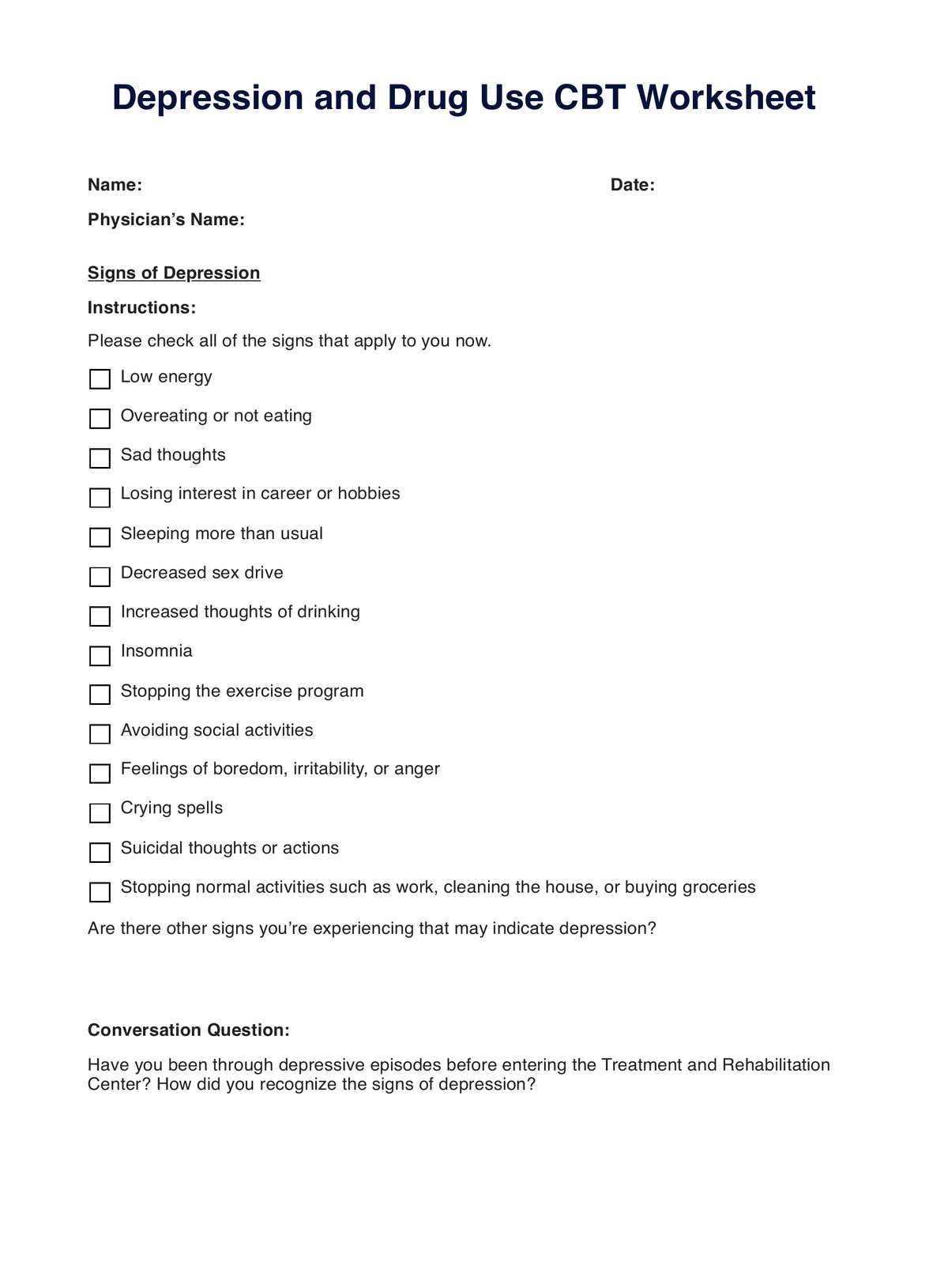 Depression And Drug Use CBT Worksheet