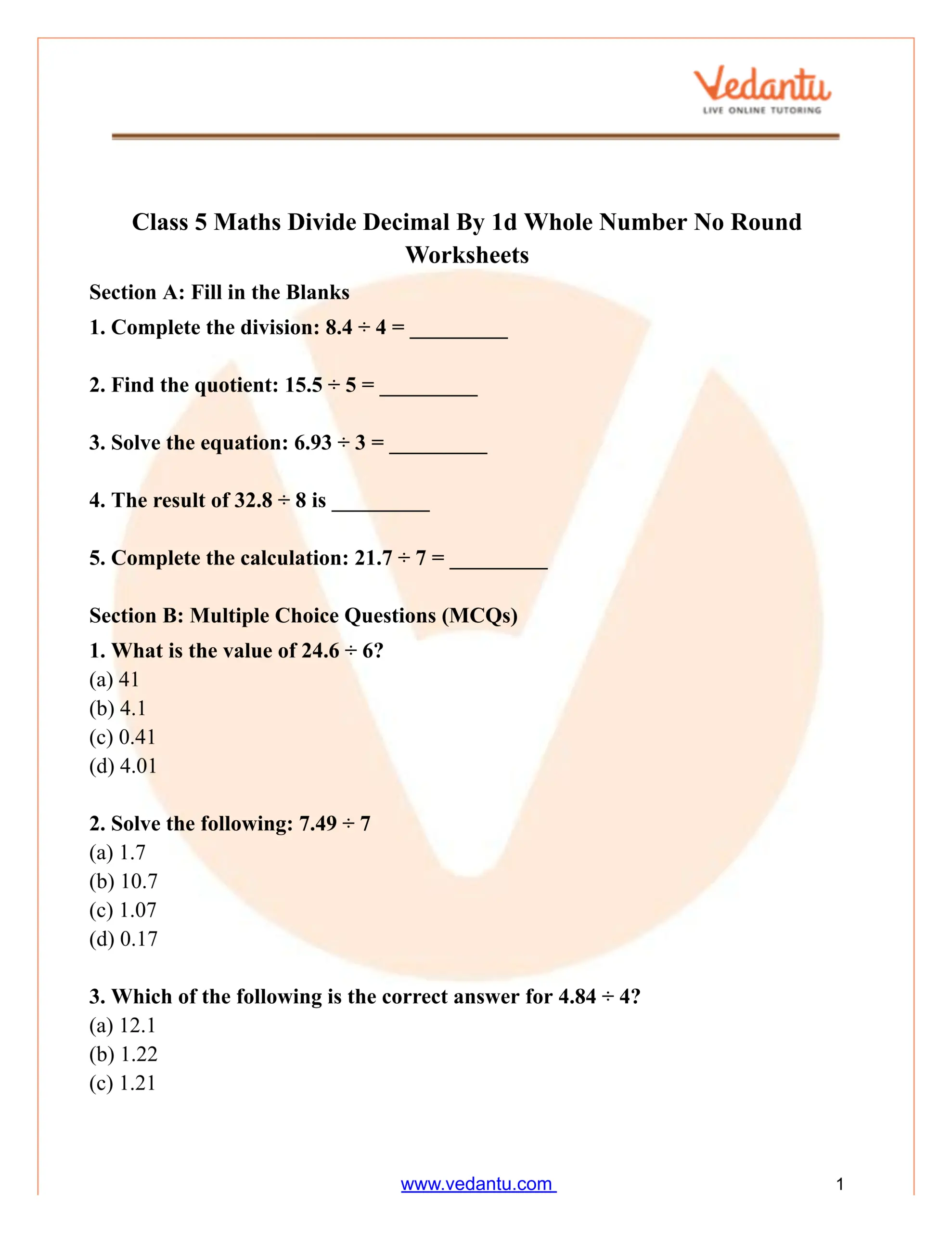 Divide Decimals By 1 Digit Whole Numbers Worksheet Grade 5 Divide Decimals By 1 Digit Whole Numbers Worksheet Grade 5