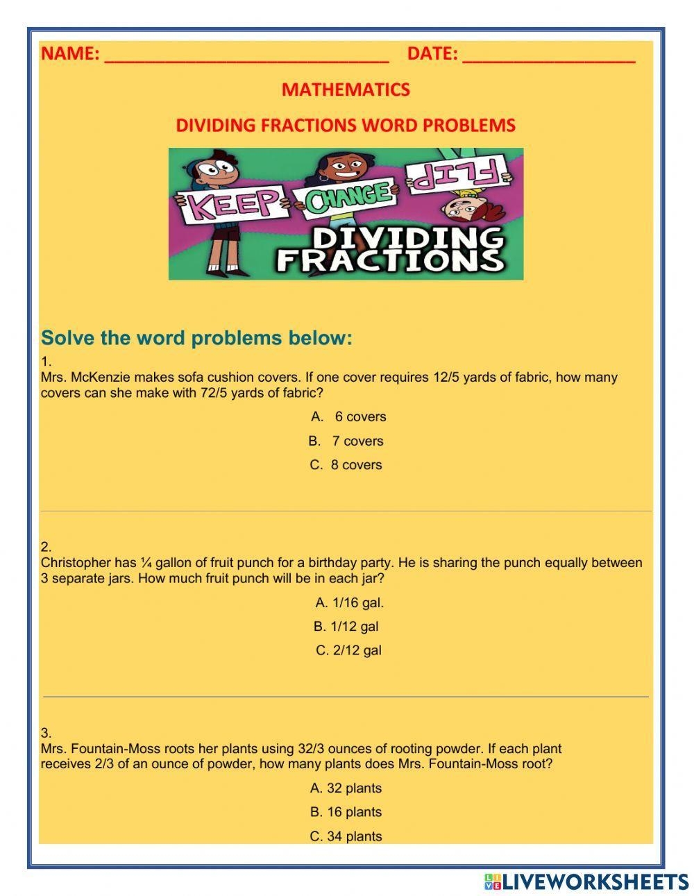Dividing Fraction Word Problems Worksheet Worksheets Library