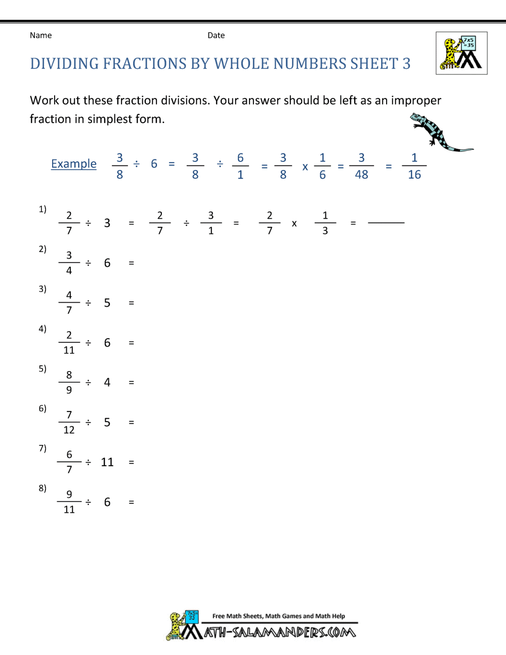 Dividing Fractions By Whole Numbers Dividing Fractions By Whole Numbers