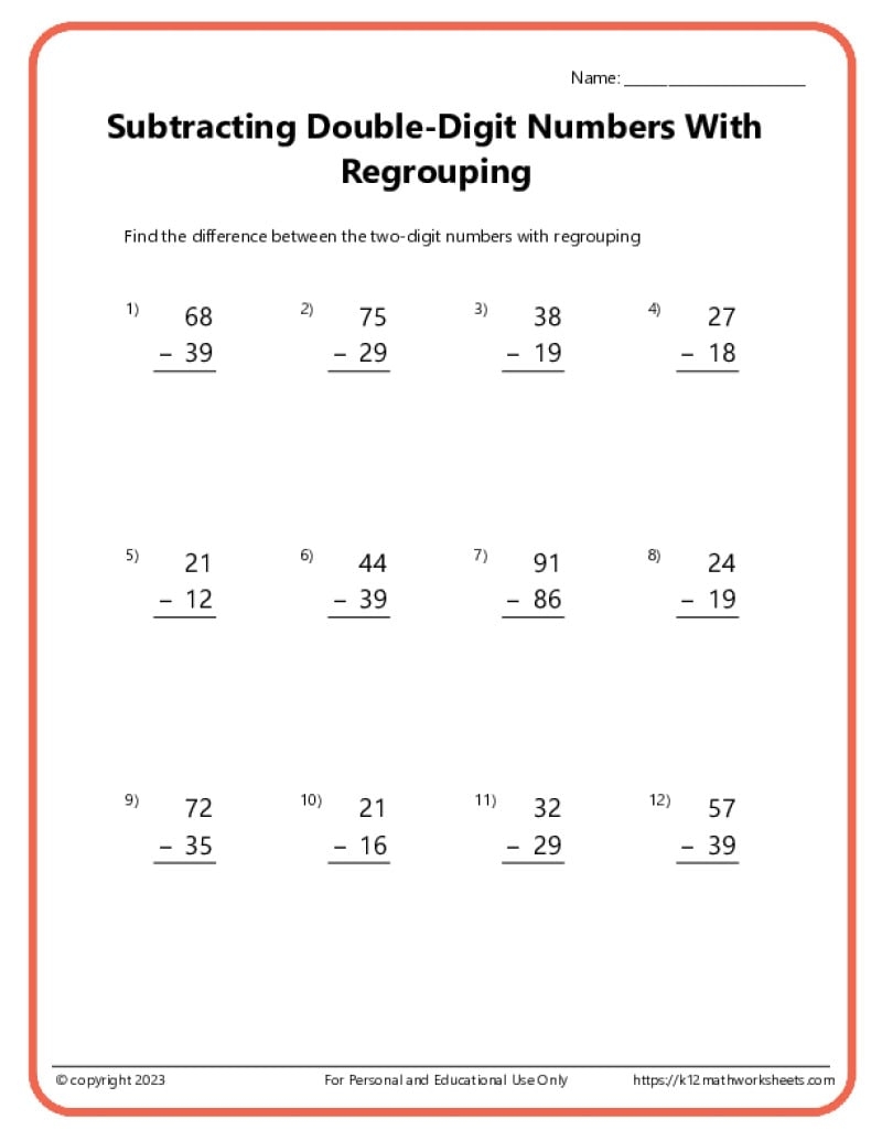 Free 2 Digit Subtraction Worksheet Regrouping Worksheets4Free