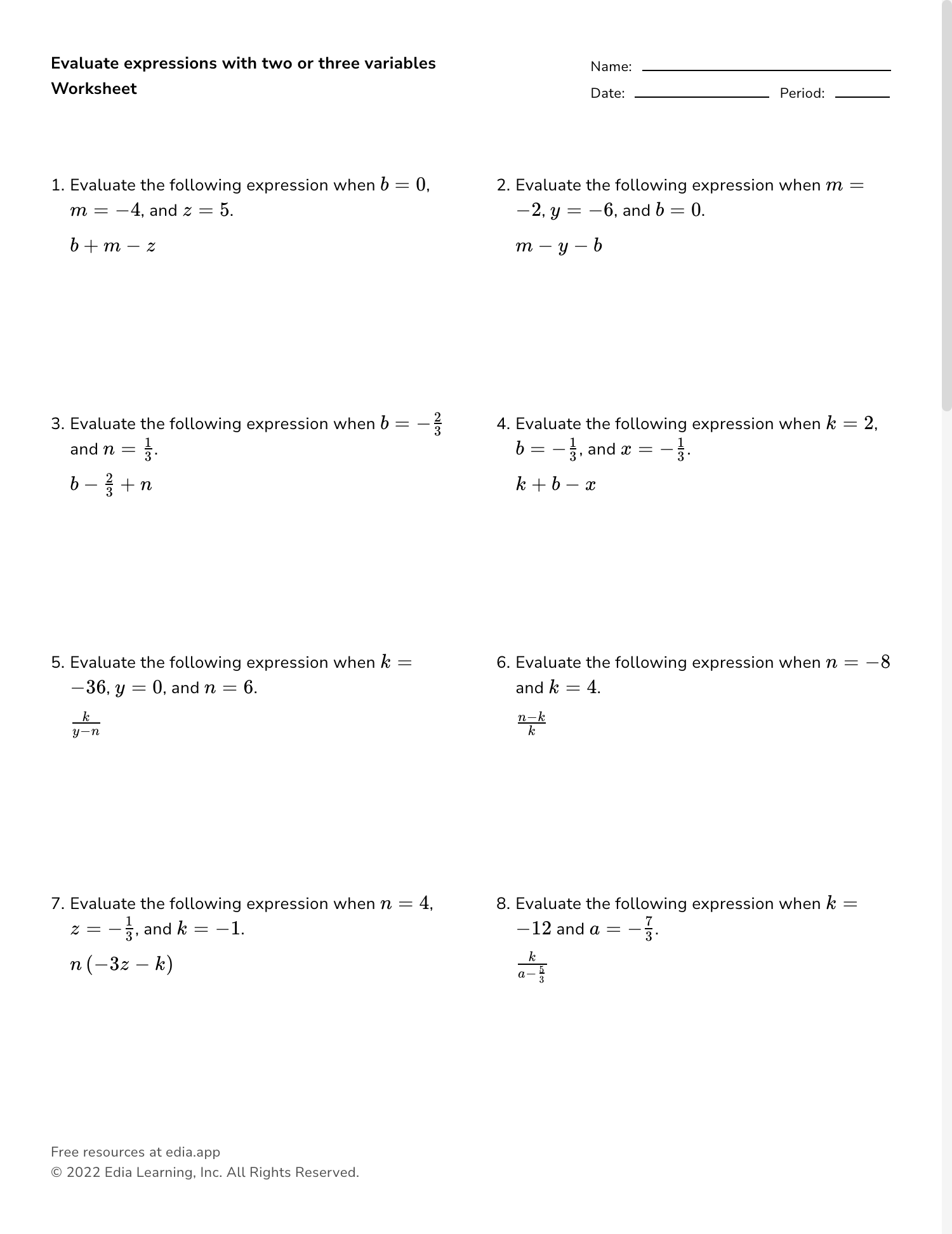 Edia AI Platform For Student Outcomes Evaluating Algebraic Expressions Worksheet One Variable Pre Algebra Made By Teachers