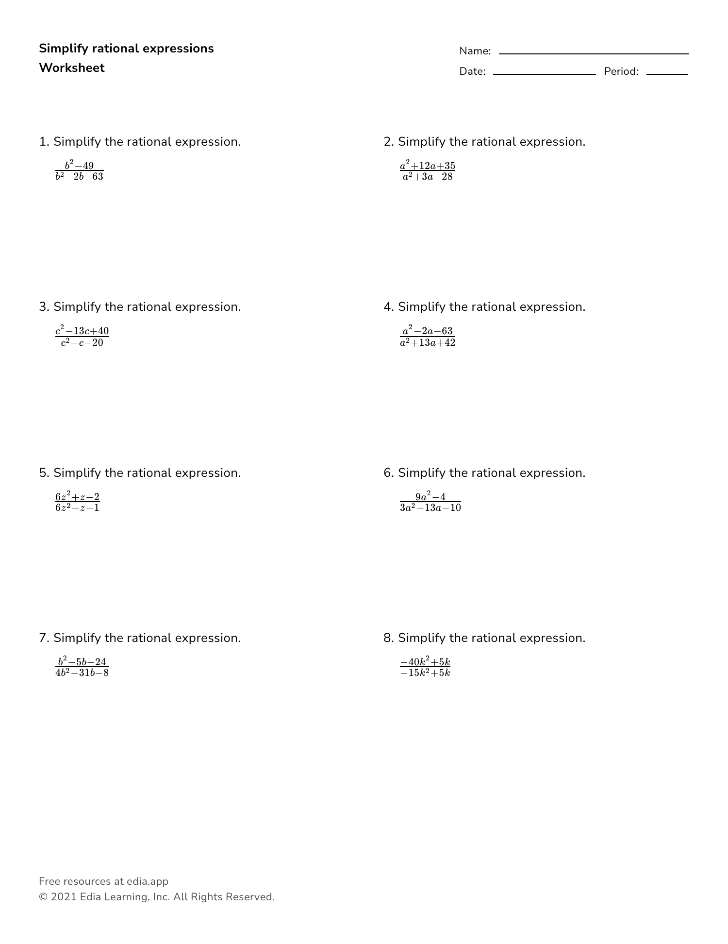 Edia AI Platform For Student Outcomes Multiply And Divide Algebraic Fractions A Worksheet Fun And Engaging High School Algebra Worksheet Cazoom Math