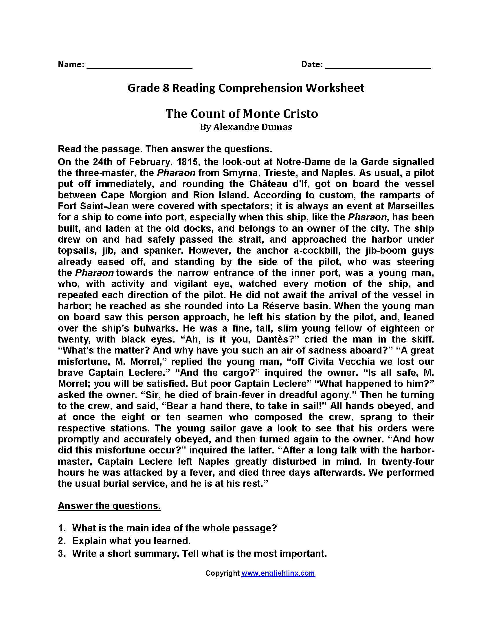 Eighth Grade Reading Worksheets Vocabulary Fluency Practice