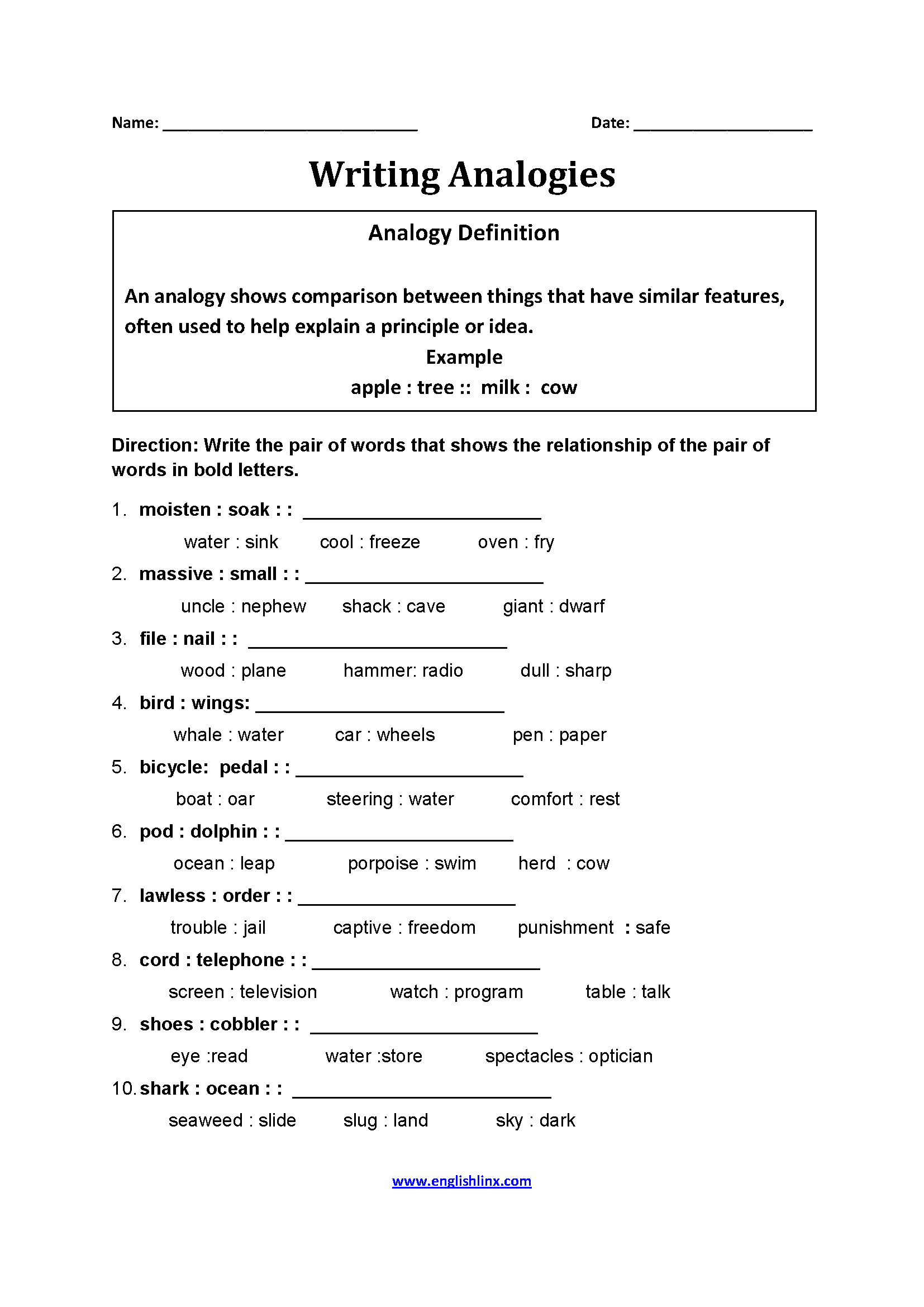 Englishlinx Analogy Worksheets