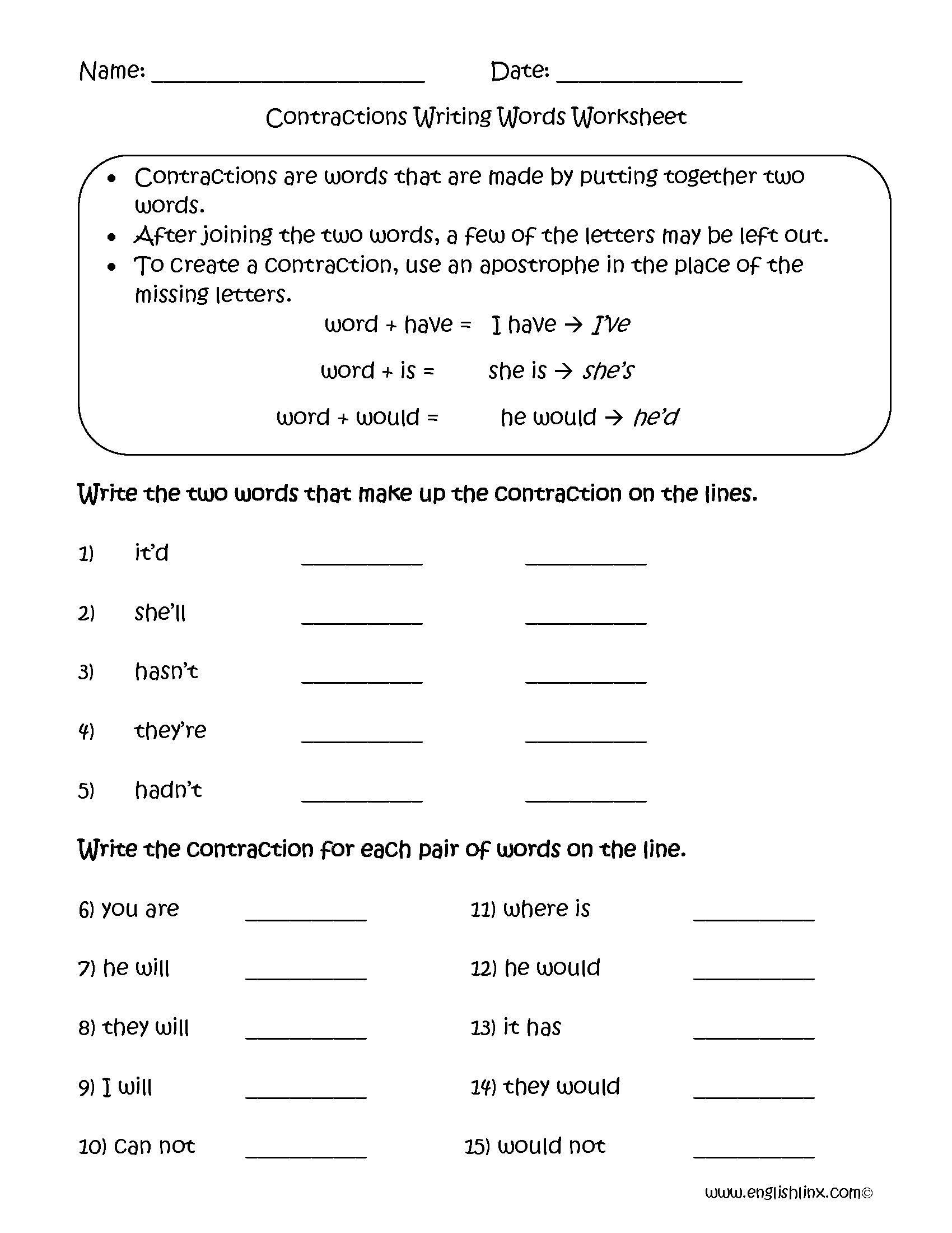 Contractions Worksheets And Activities Language Arts And Grammar