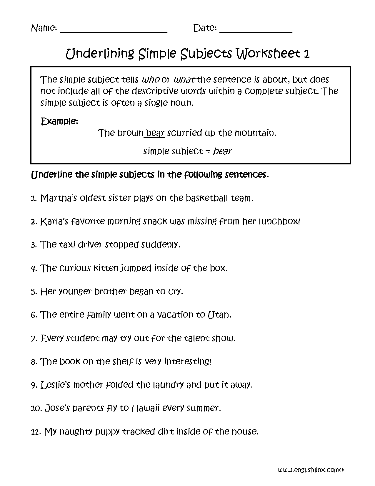 Englishlinx Subject And Predicate Worksheets Subjects Predicates And Objects Language Arts Activities