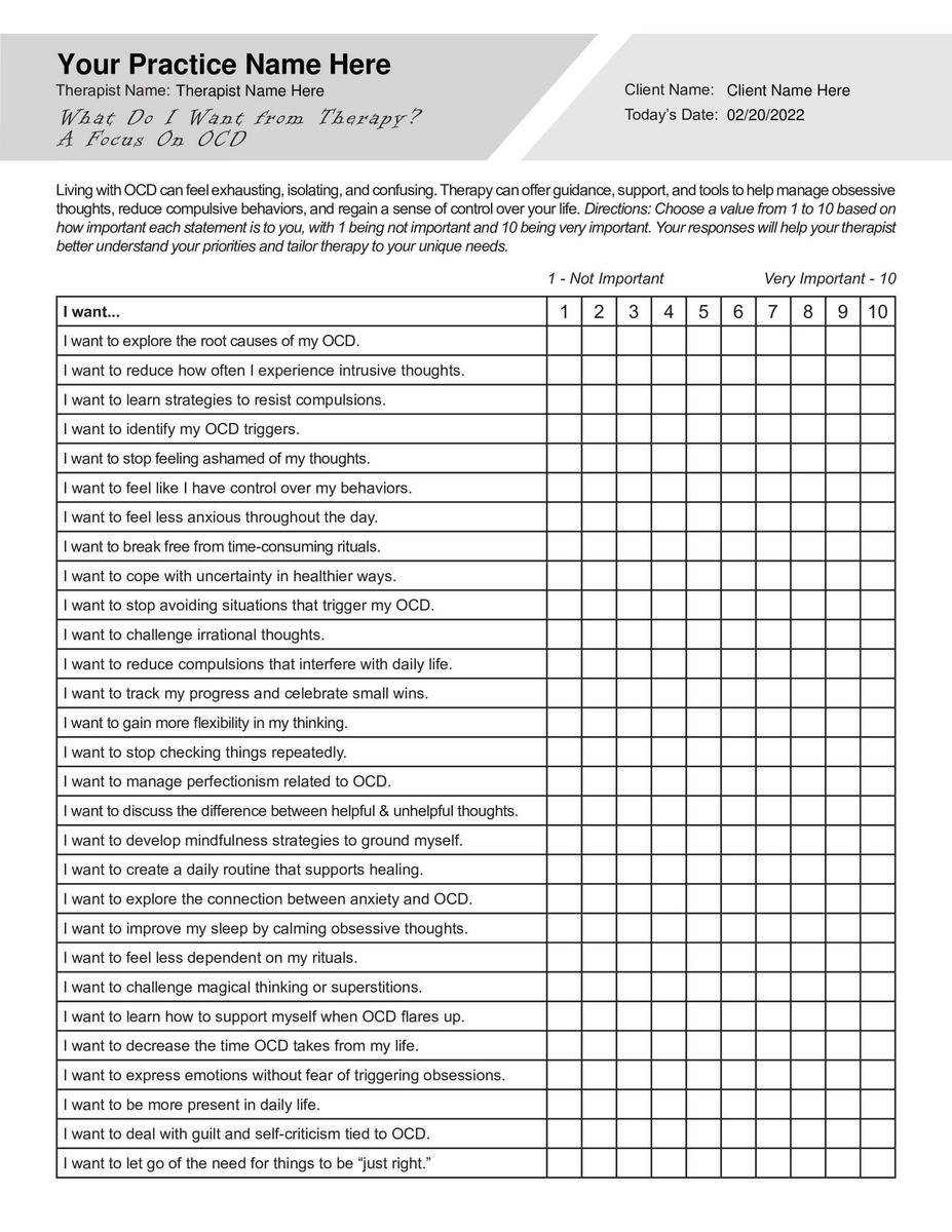 Exploring Client Needs OCD Focused Worksheet Editable Fillable Printable PDF TherapyPatron