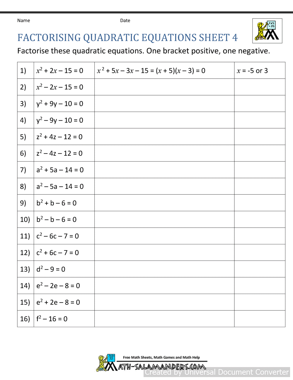 Factoring Quadratic Equations