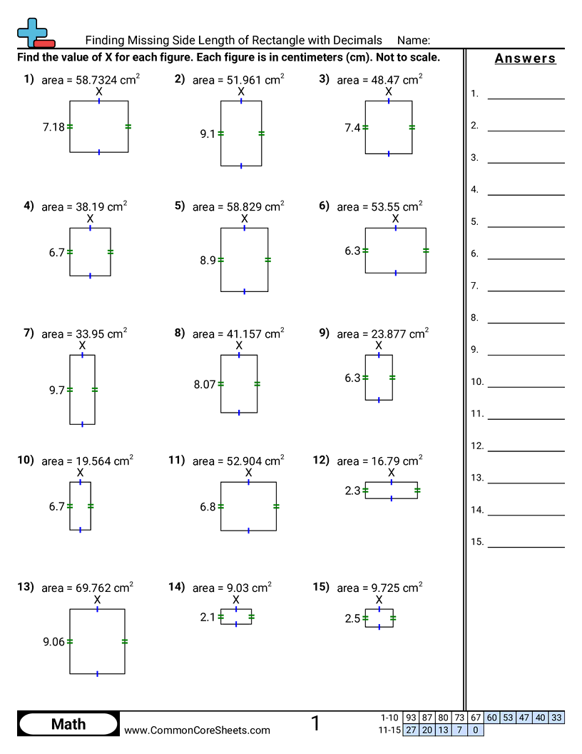 Finding Missing Side Length Of Rectangle With Decimals Worksheet Download