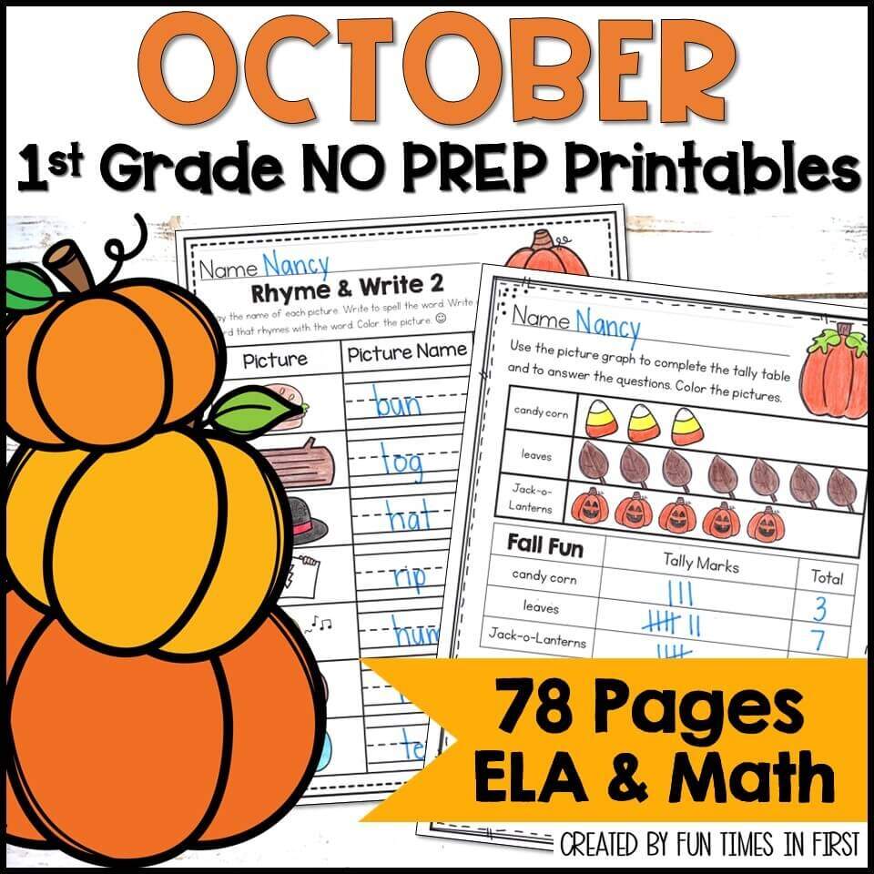 First Grade October No Prep Printables 1st Grade October ELA Math Worksheets Fun Times In First