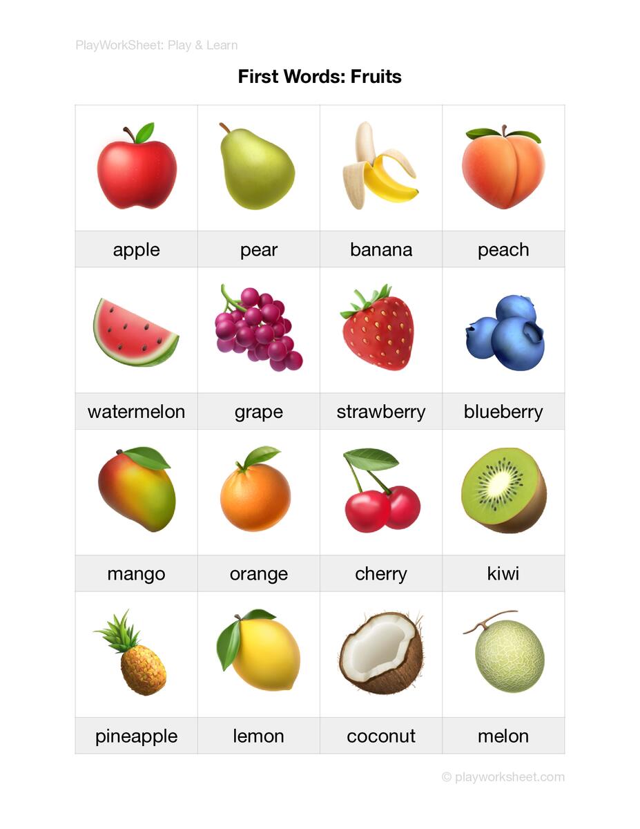 First Words Fruits Free Printables For Kids First Words Fruits Free Printables For Kids