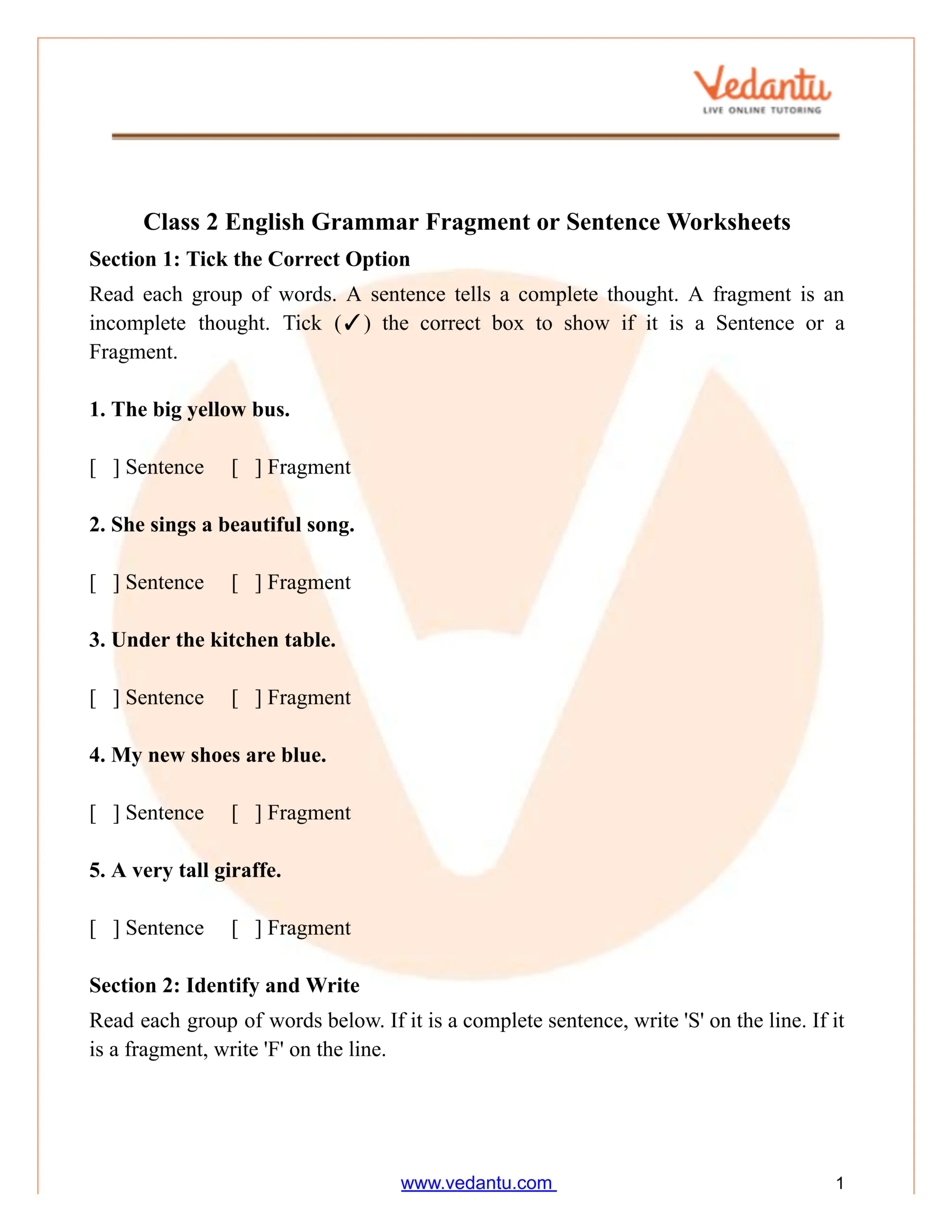 Sentences And Fragments Online Worksheet For 1 Worksheets Library