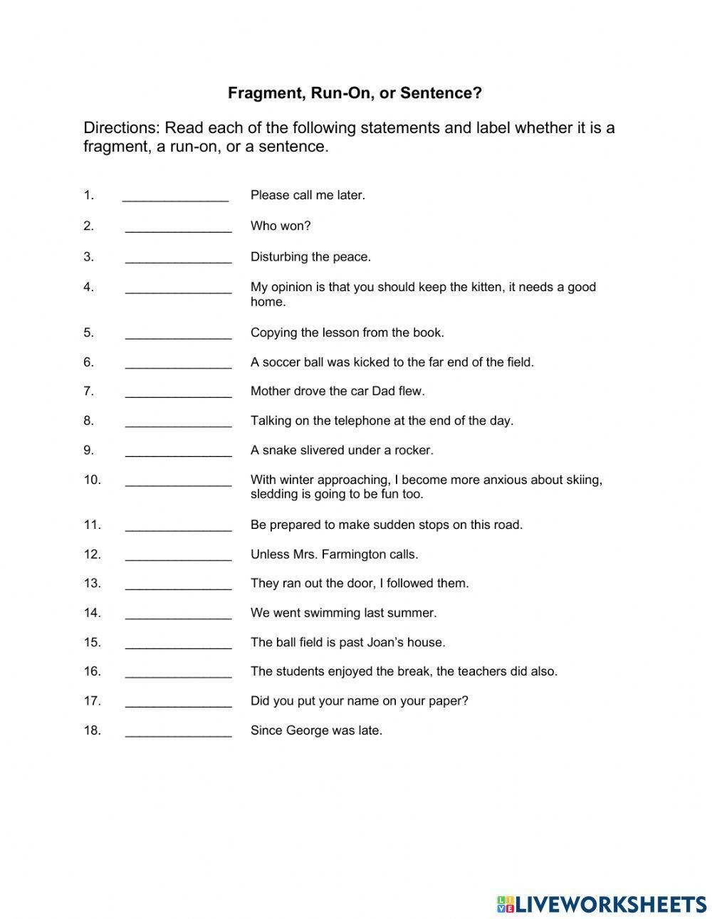 Fragment Run On Or Sentence Worksheet Worksheets Library