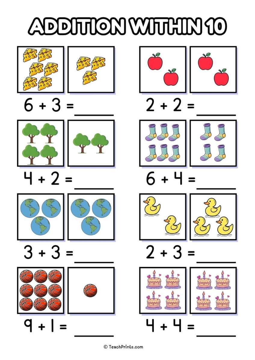 Free Addition To 10 Worksheets Teach Prints Addition Charts Tables Worksheets Free Printable PDF Files Free Printables Lettering SVG Files Tools Apps