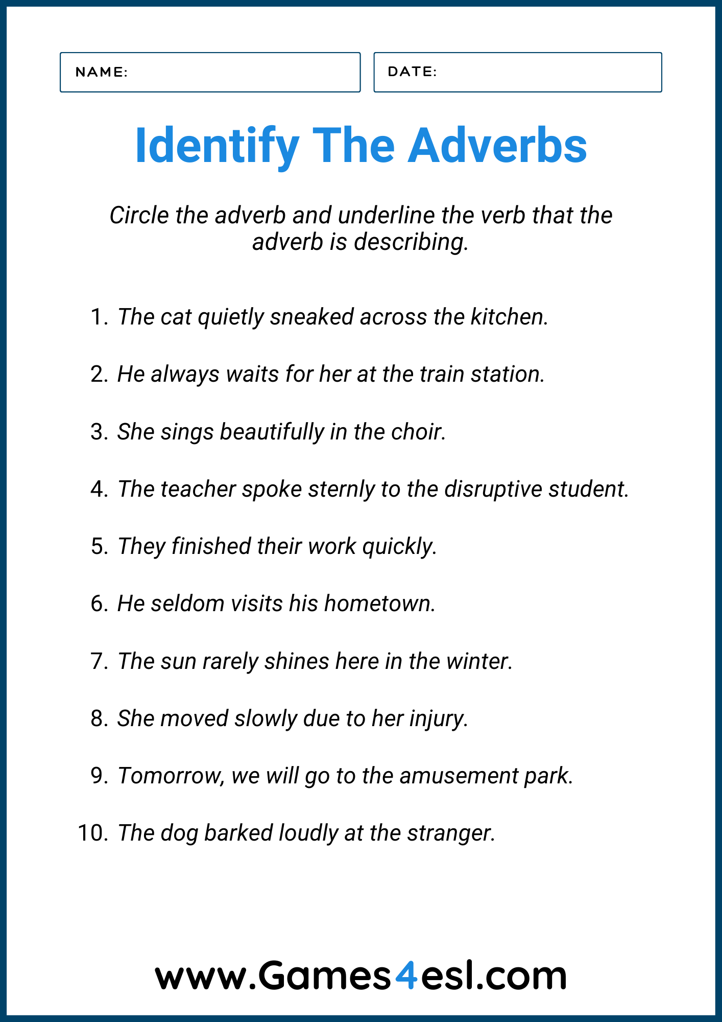 Free Adverb Worksheets Games4esl