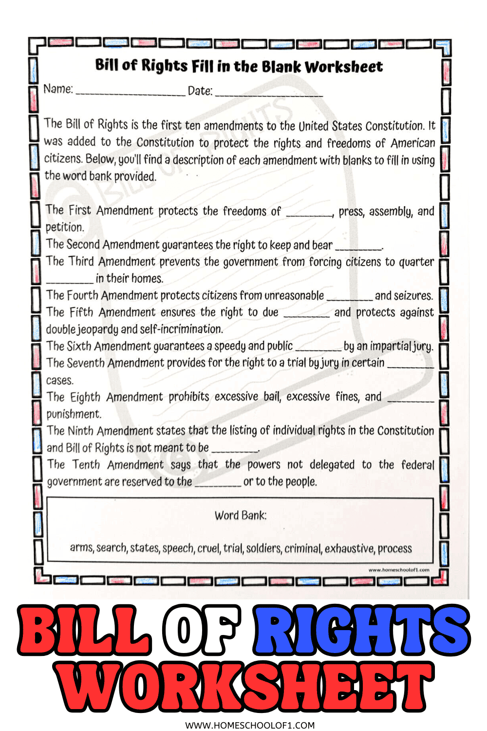 Free Bill Of Rights Worksheet Fill In The Blank The Constitution Worksheet WordMint