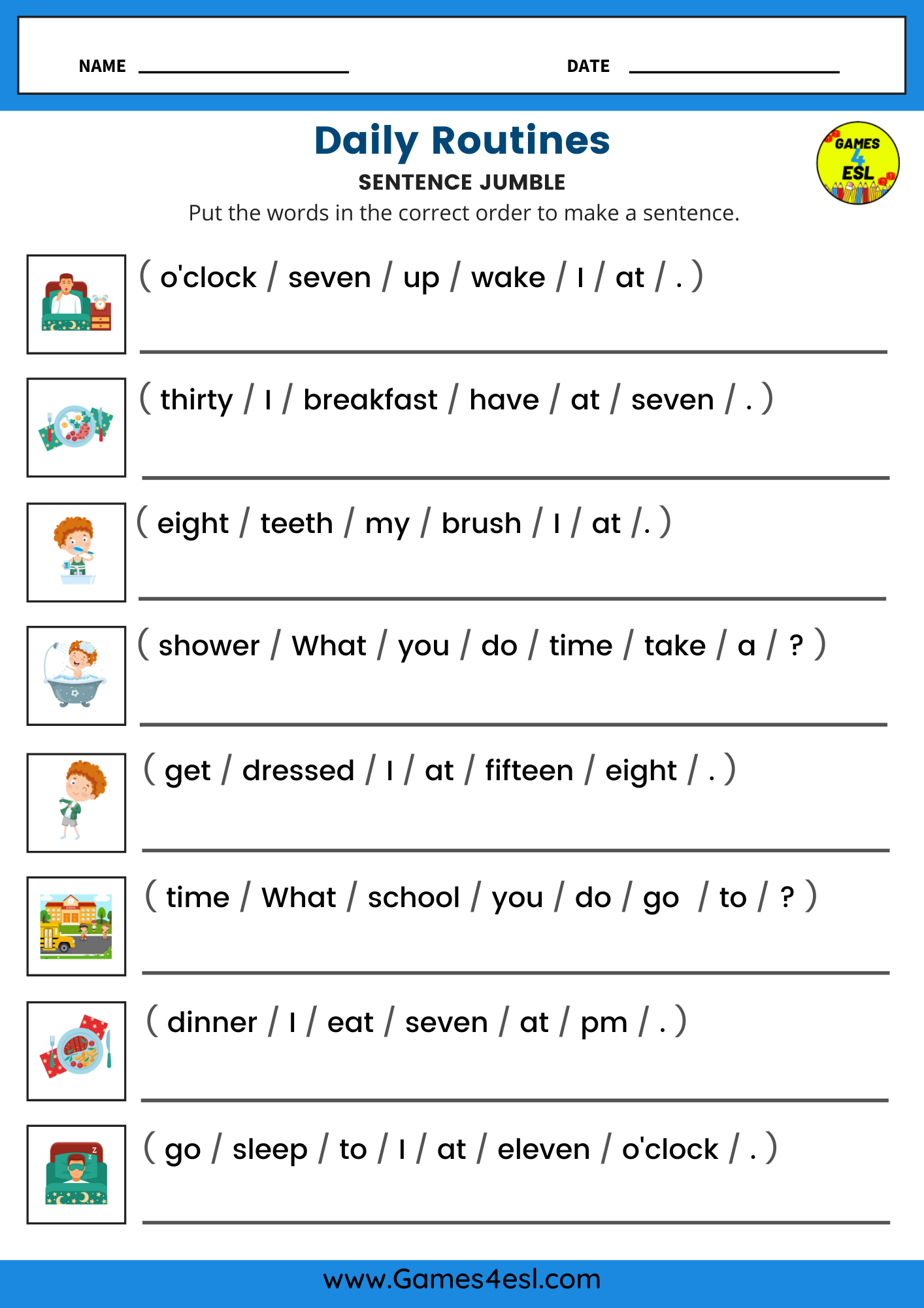 Free Daily Routine Worksheets For Beginners Games4esl