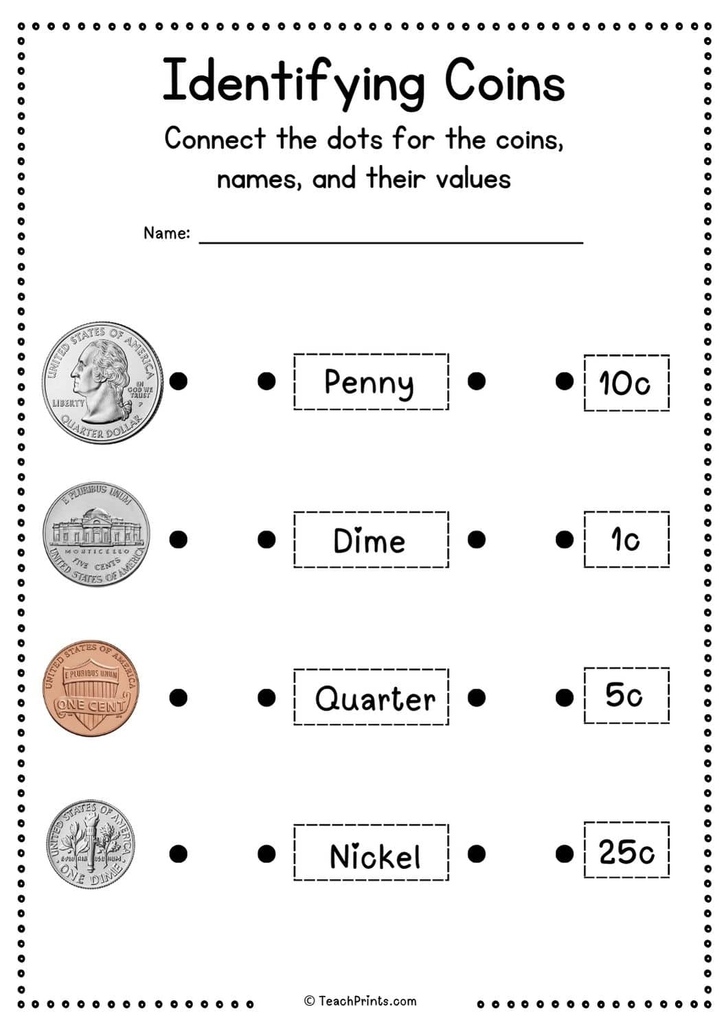 Free Identify Coins Worksheets For Kindergarten