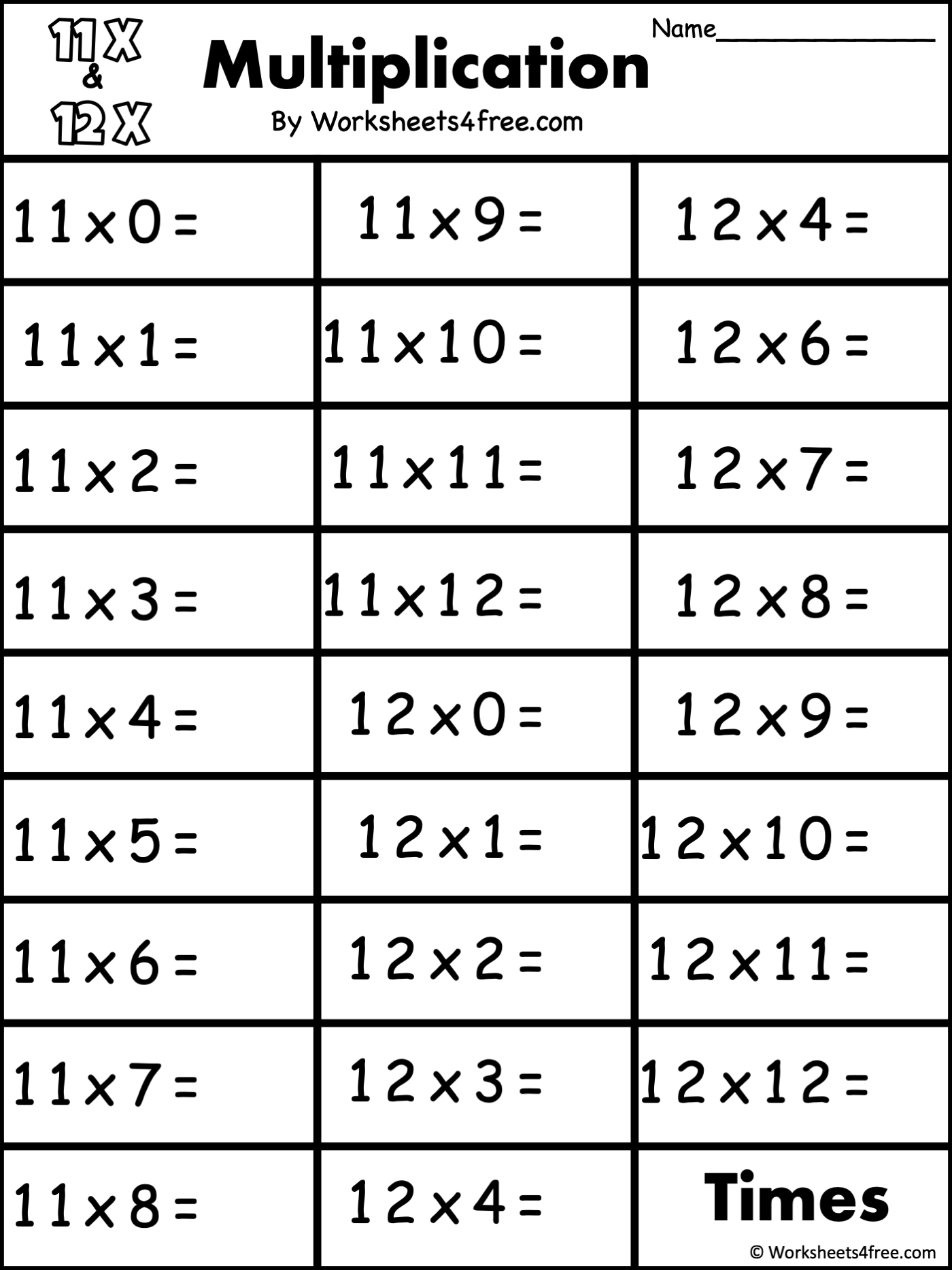 Free Multiplication Worksheet 11s 12s Worksheets4Free 12 Times Table