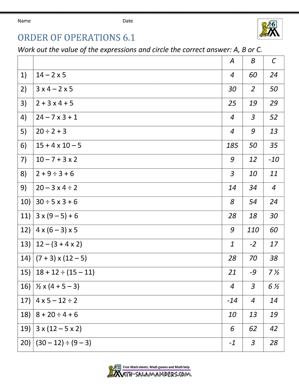 Free Order Of Operations Worksheet For 6th Grade Download Free Order Of Operations Worksheet For 6th Grade Png Images Free Worksheets On Clipart Library