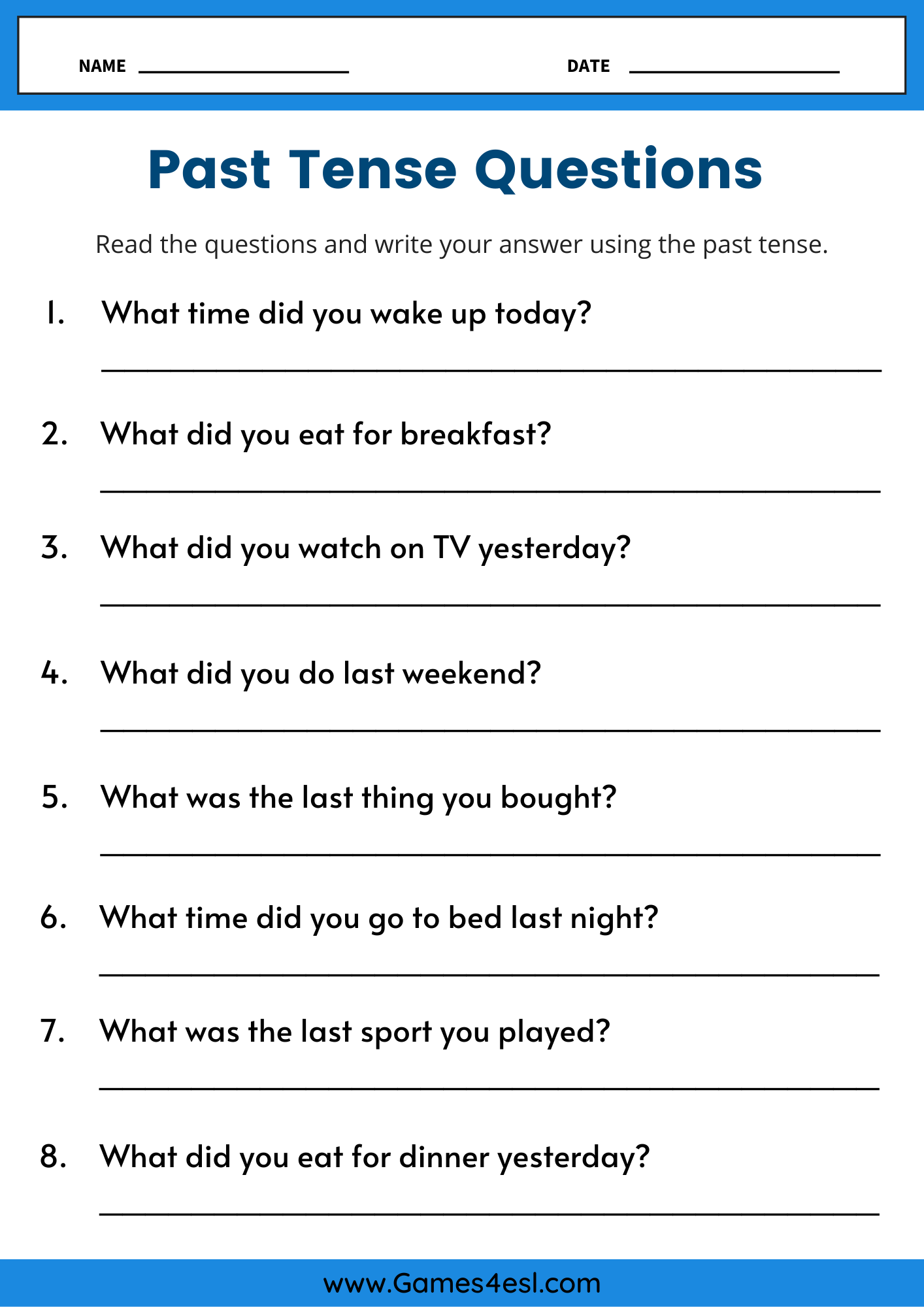 Free Past Tense Worksheets For ESL Classes Games4esl
