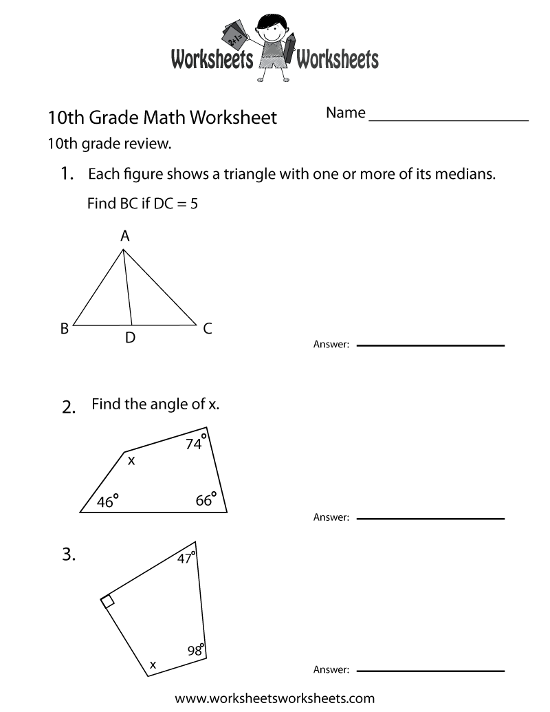 Free Printable 10th Grade Math Review Worksheet Free Printable 10th Grade Math Review Worksheet