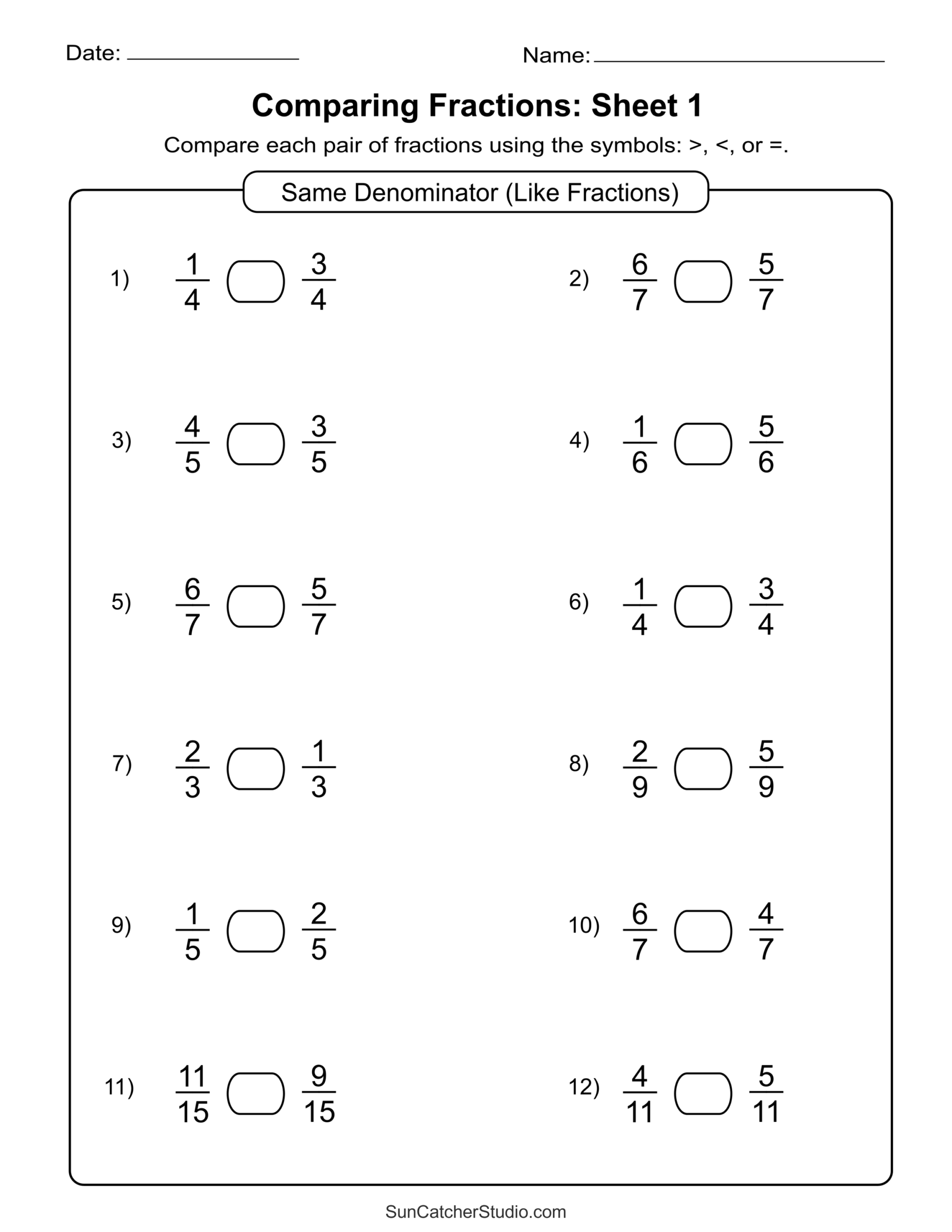 Comparing Fractions Worksheet