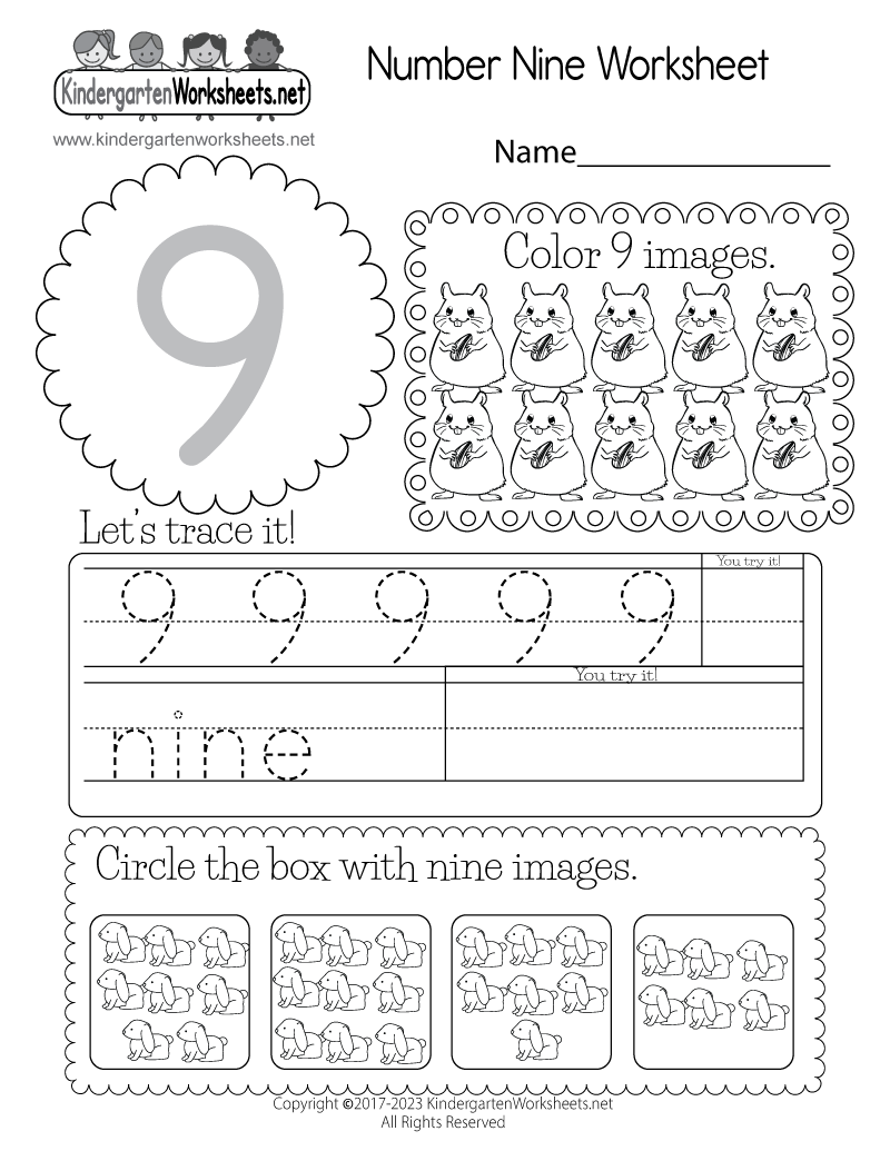 Tracing Number 9 Kindergarten Worksheet Free Printable PDF