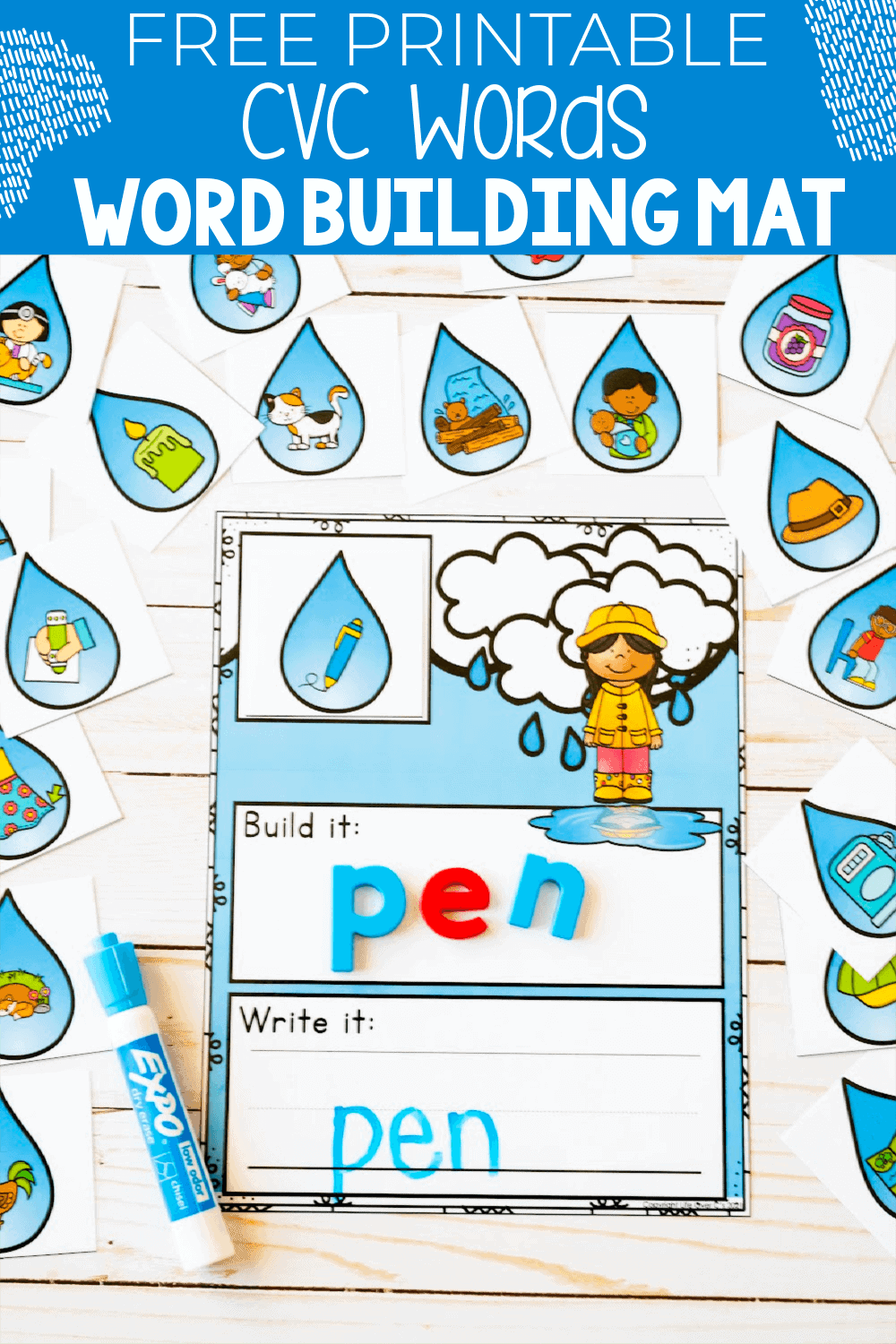 Free Printable Rain Cloud CVC Word Building Mat
