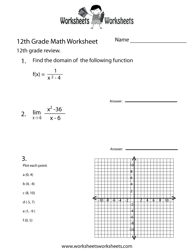 Free Printable Twelfth Grade Math Practice Worksheet Free Printable Twelfth Grade Math Practice Worksheet