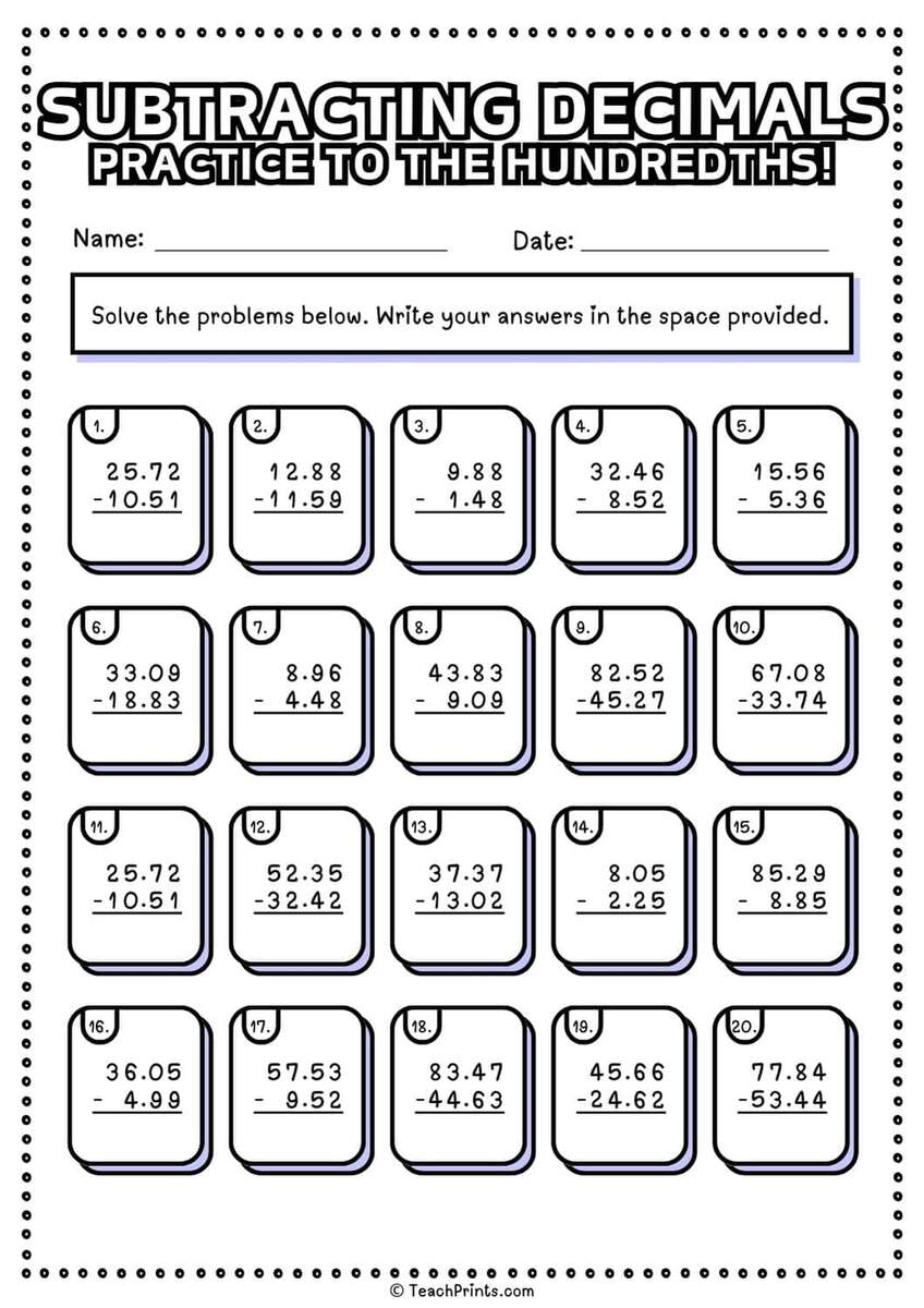 Free Subtracting Decimals Worksheets Teach Prints Subtracting Decimals Worksheet