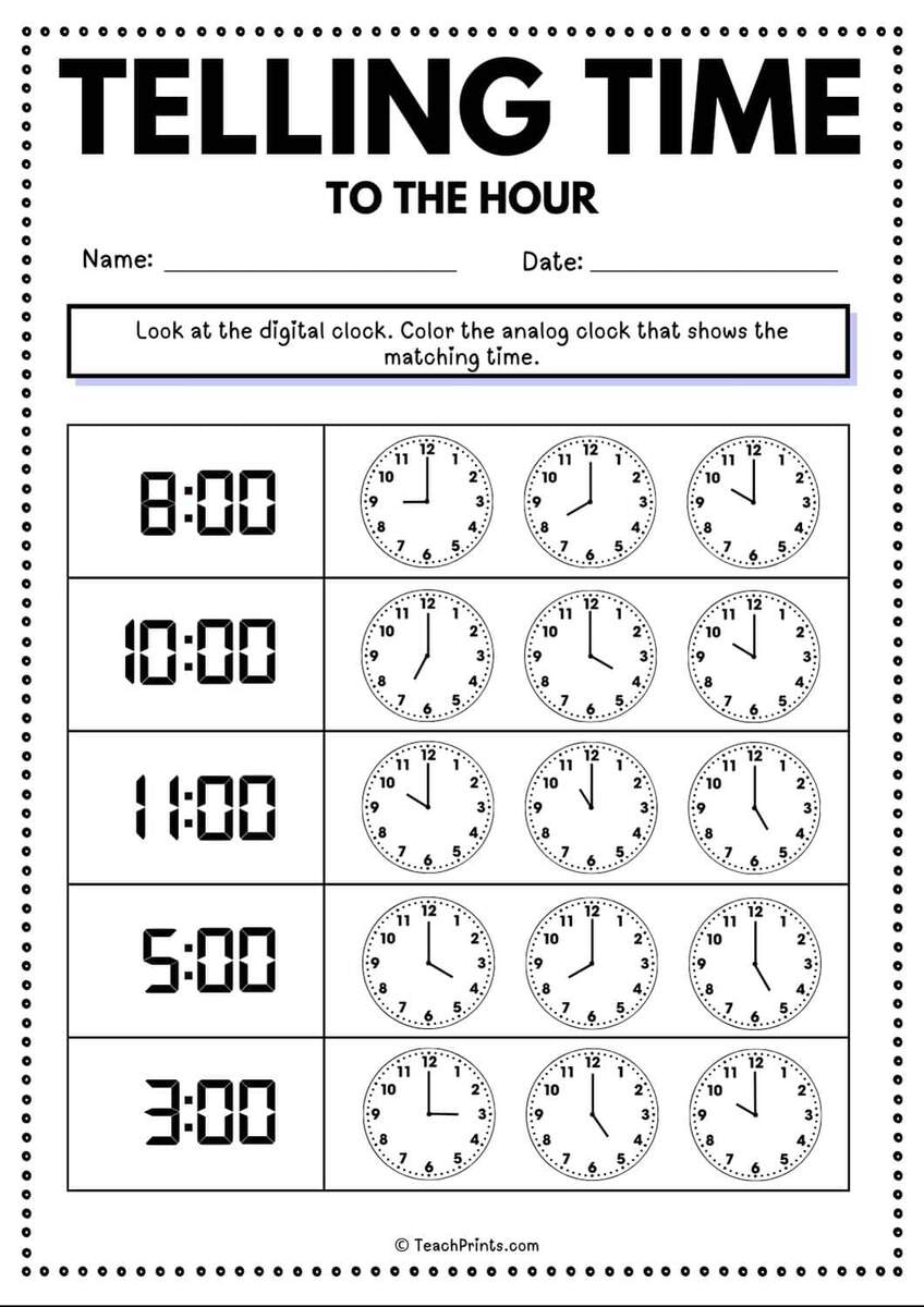 Free Telling Time To The Hour Worksheets Teach Prints Free Telling Time To The Hour Worksheets Teach Prints