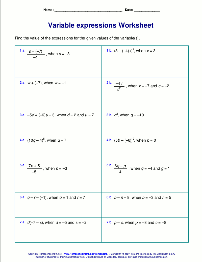 Free Worksheets For Evaluating Expressions With Variables Grades 6 8 Pre Algebra And Algebra 1 Algebraic Expressions With Two Variables By Addition Worksheet For Grade 5 Kidpid