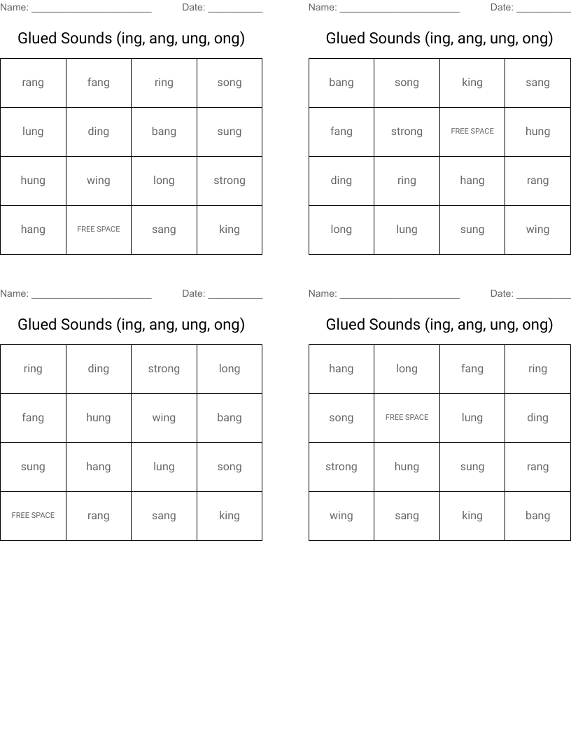 Glued Sounds ing Ang Ung Ong Bingo Cards WordMint