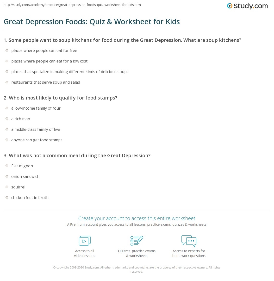 Great Depression Foods Quiz Worksheet For Kids Study Great Depression Coloring Book Level A Made By Teachers