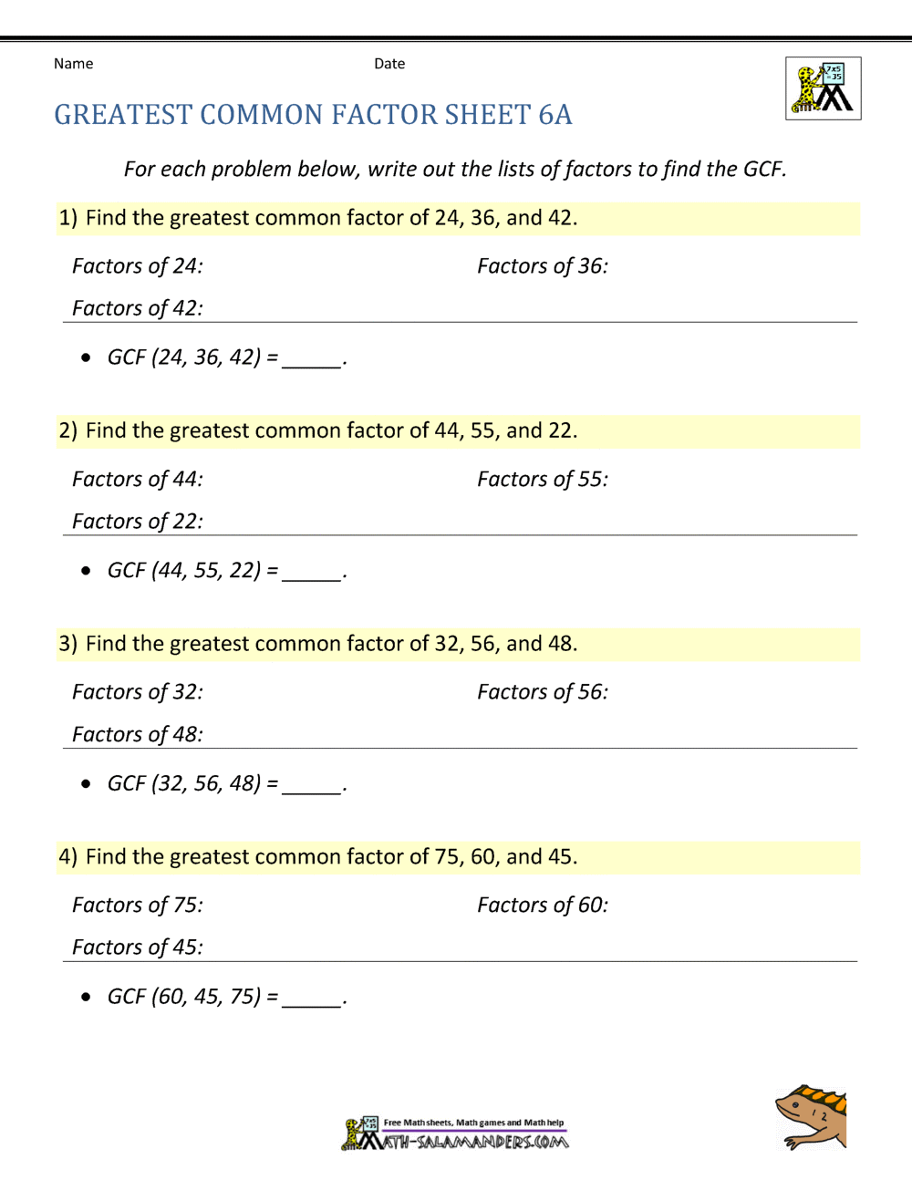 Greatest Common Factor Worksheet Page Printable Greatest Common Factor Worksheets Download