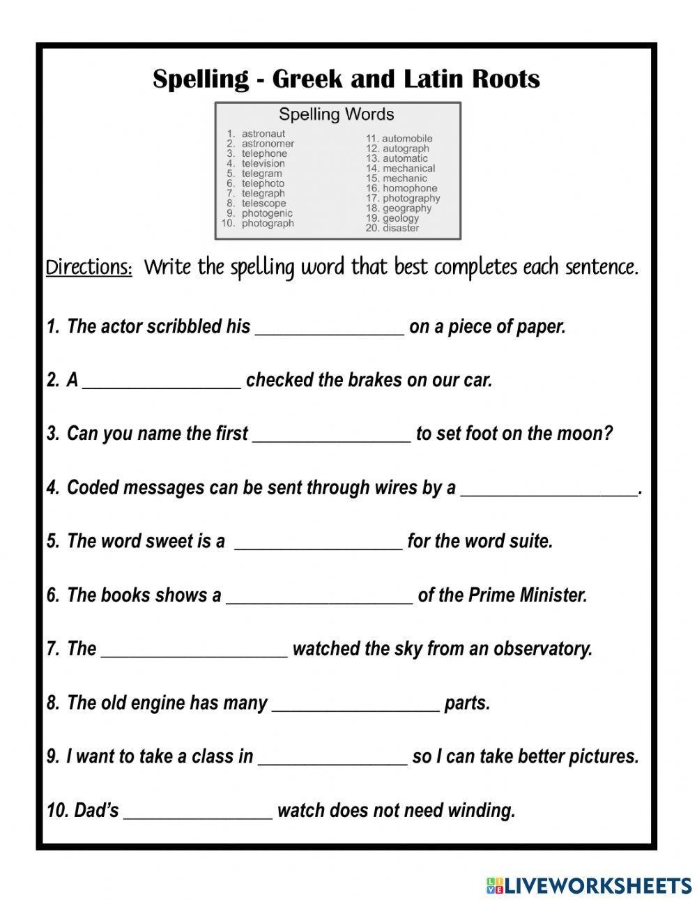 Greek Latin Roots Quiz 1 Worksheet WordMint