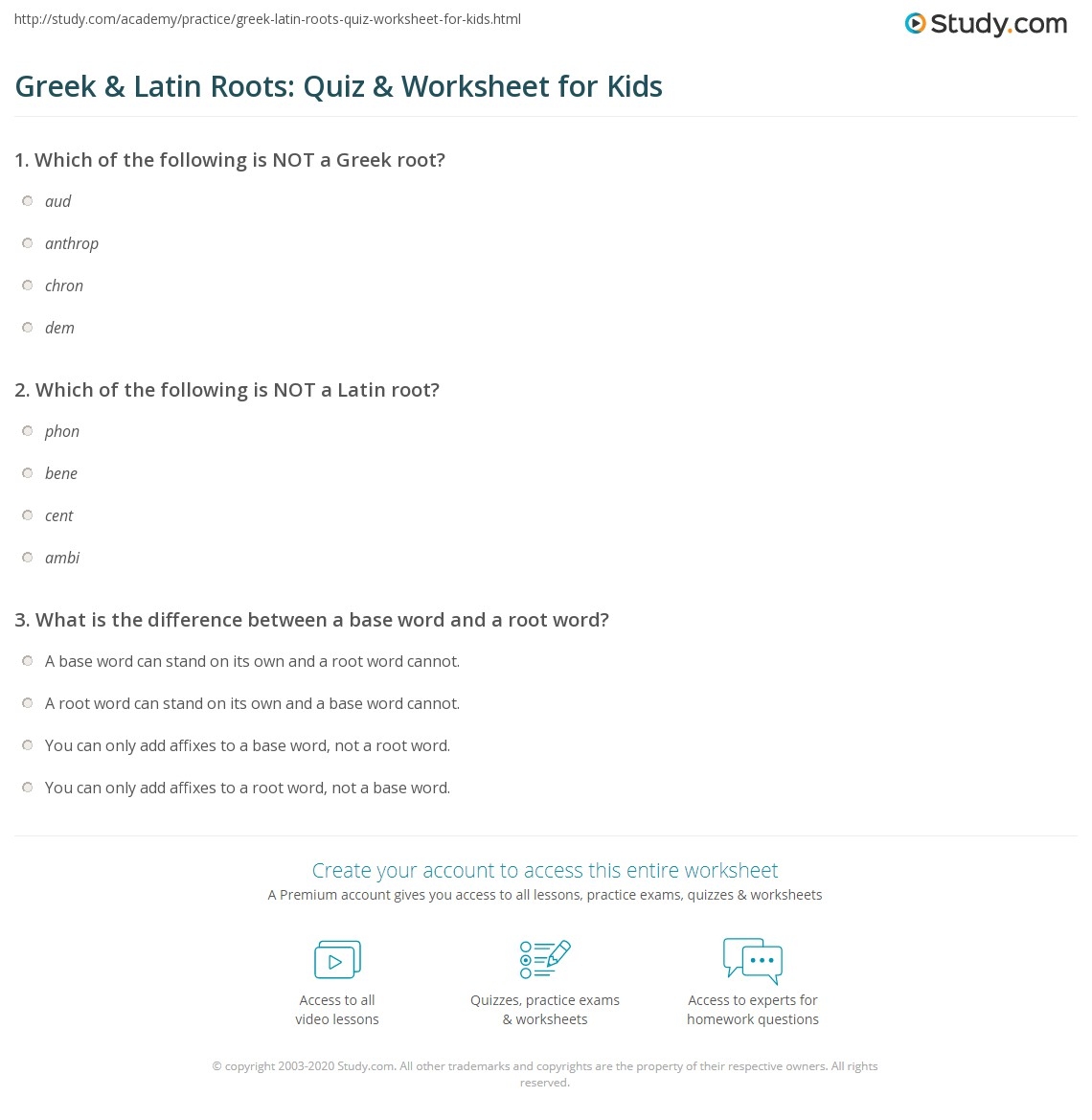 Greek Latin Roots Quiz Worksheet For Kids Study