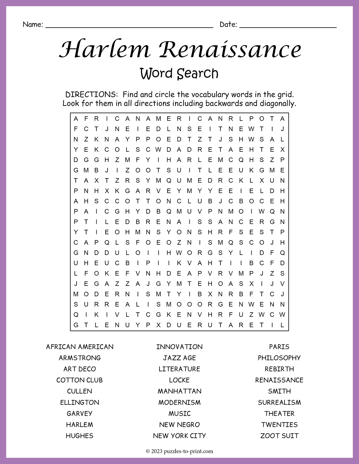 Harlem Renaissance Word Search Harlem Renaissance Word Search