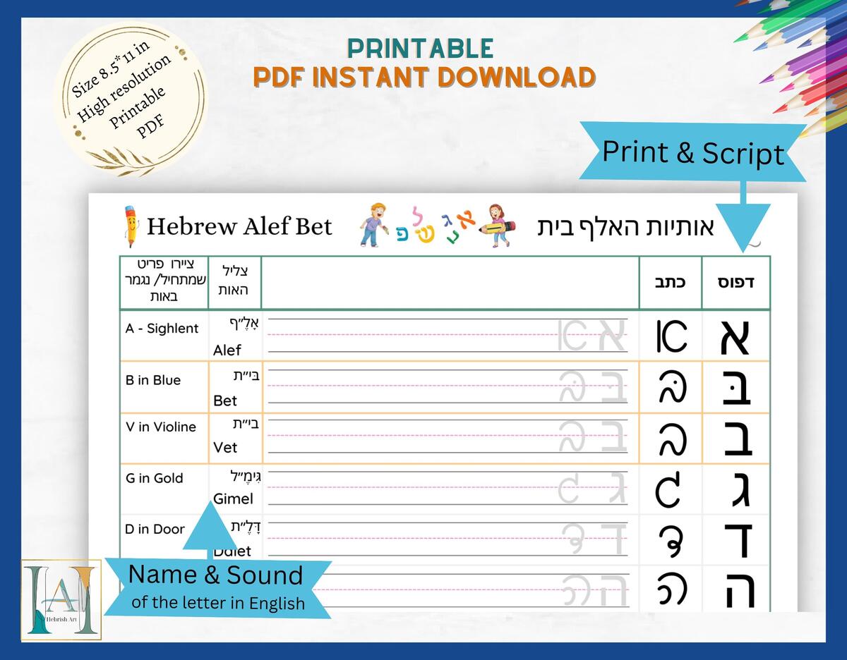 Hebrew Alphabet Writing Practice Alef Bet Print Script PDF Download Etsy Israel