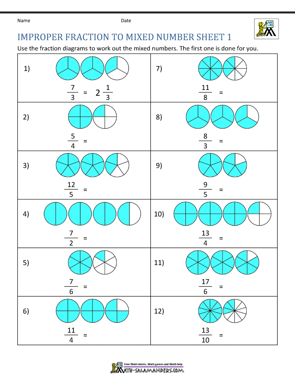 Improper Fraction Worksheets Improper Fraction Worksheets