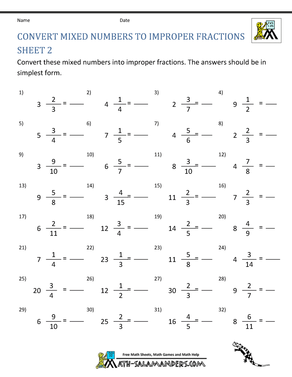 Improper Fraction Worksheets Mixed Numbers And Improper Fractions A Worksheet Printable Maths Worksheets