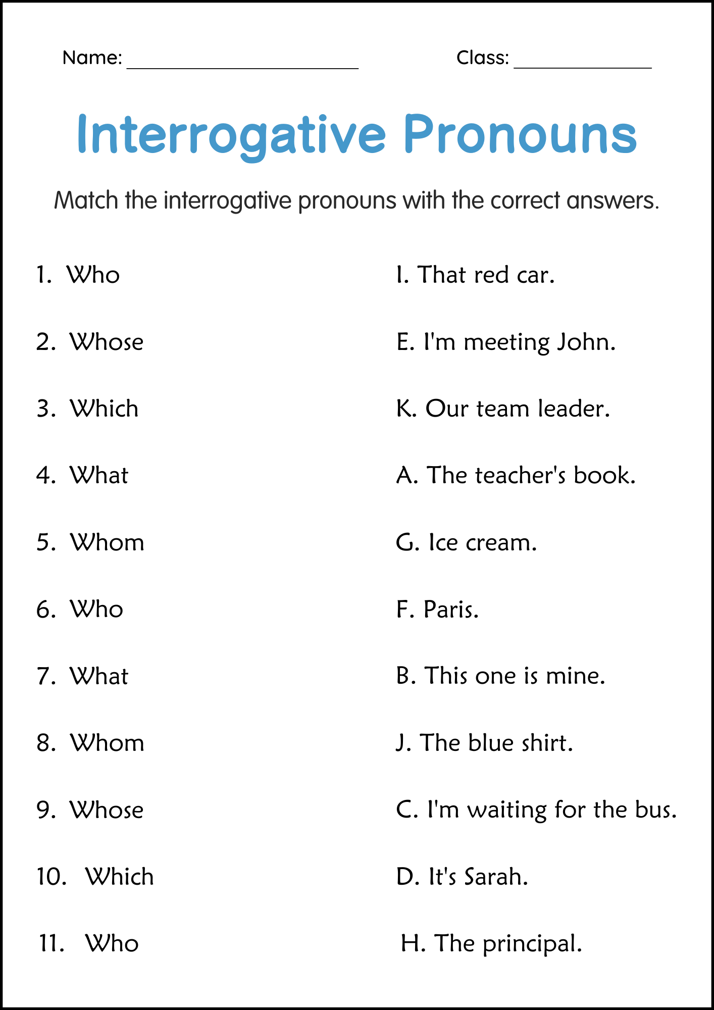 Interrogative Pronouns Grammar Activity Worksheets For Grade 1 2 3 Made By Teachers