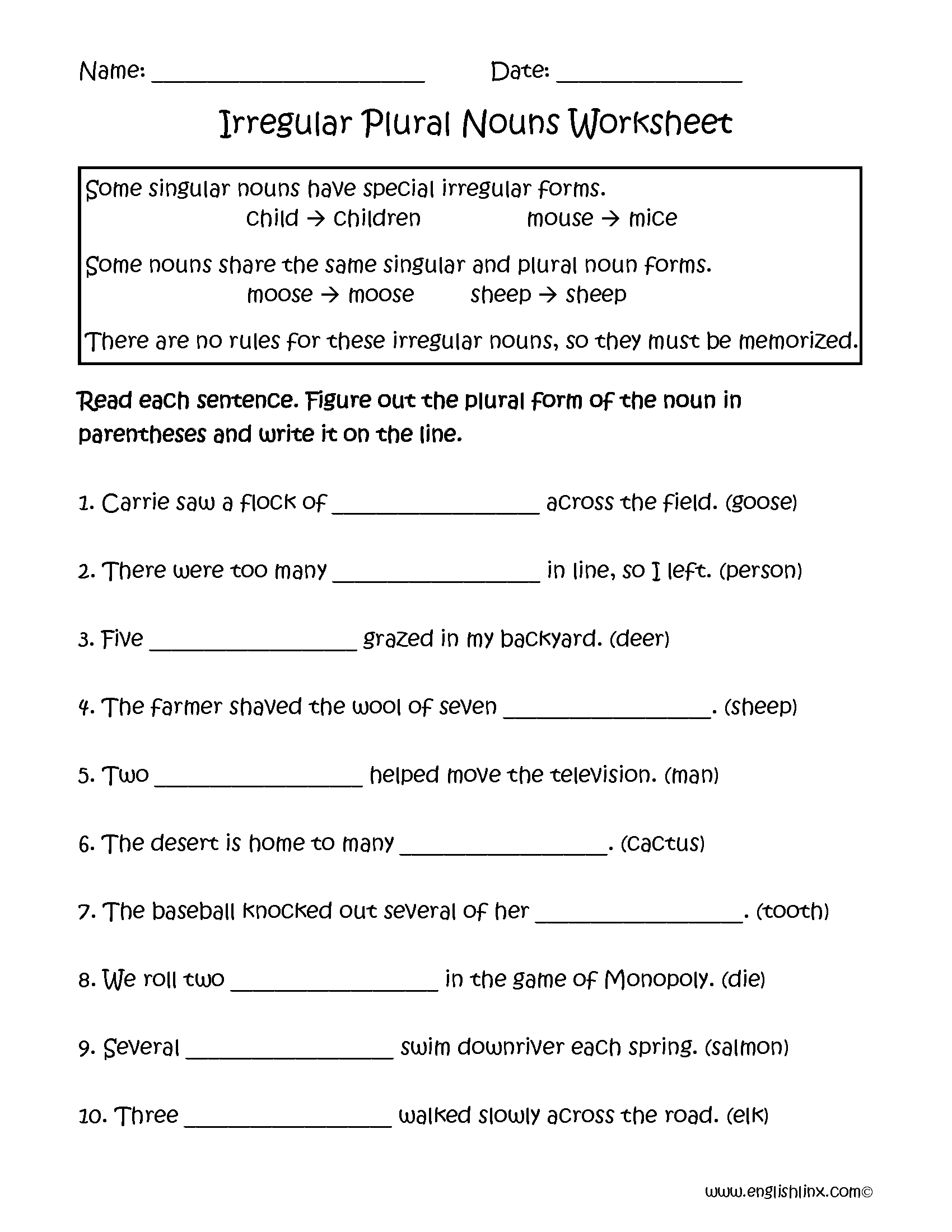 Irregular Plural Noun Worksheets Games4esl